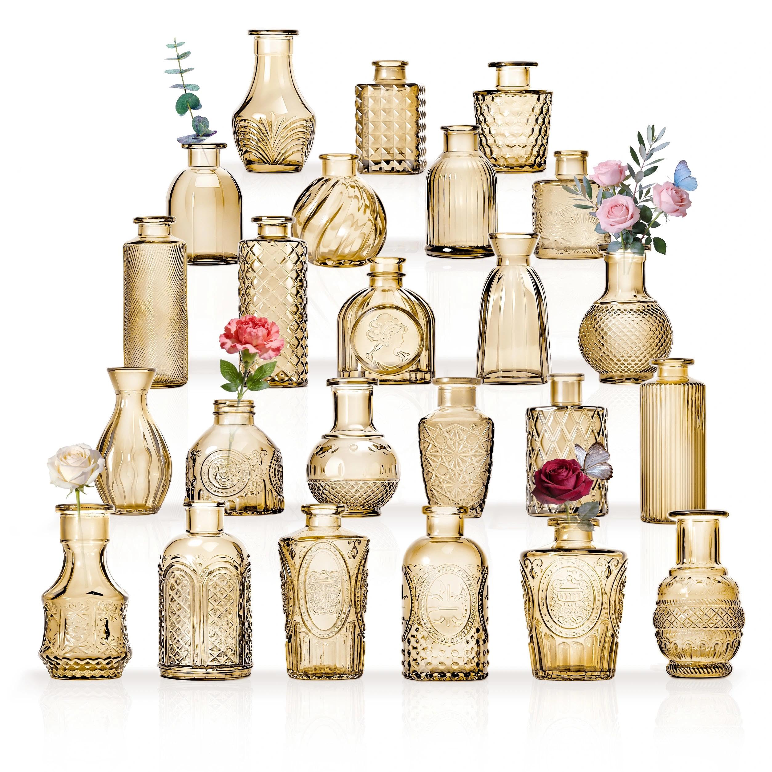 24 Mini Bud Vase Glass Set as Wedding Centrepieces for Tables, Clear Vintage Vases for Flowers, Small Flower Vases Suitable for Table Decoration Birthday Party, Wedding, Baby Shower (24, Gold)