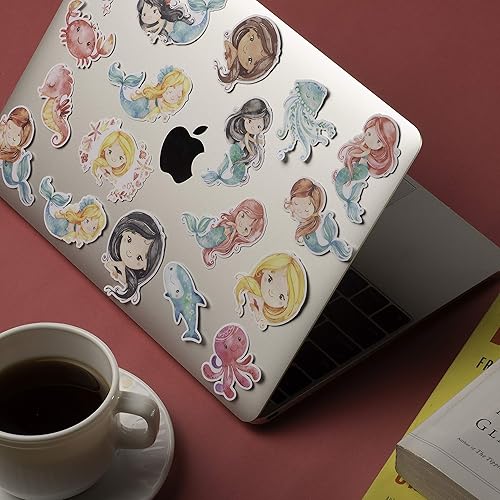 Miniatura 5 de Navy Peony Calcomanías de sirena feliz y peces (60 piezas) | Calcomanías de animales marinos para recuerdos de fiesta y álbumes de recortes, lindas