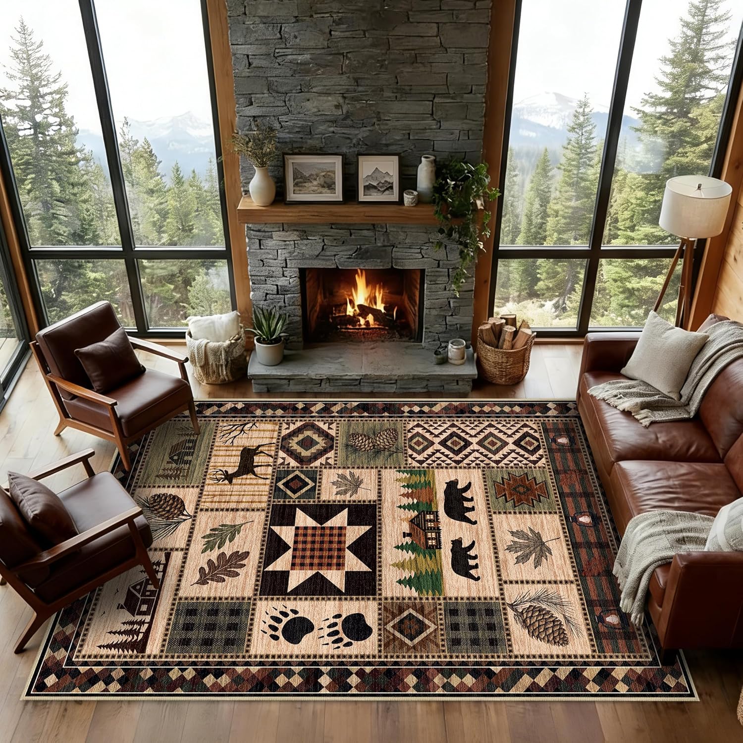 Bear 5x7 Area Rug Rustic Cabin Deer Rugs Machine Washable Non-Slip Low-Pile Southwestern Lodge Floor Carpet Western Woodland Mat for Living Room Bedroom Dining Room Office