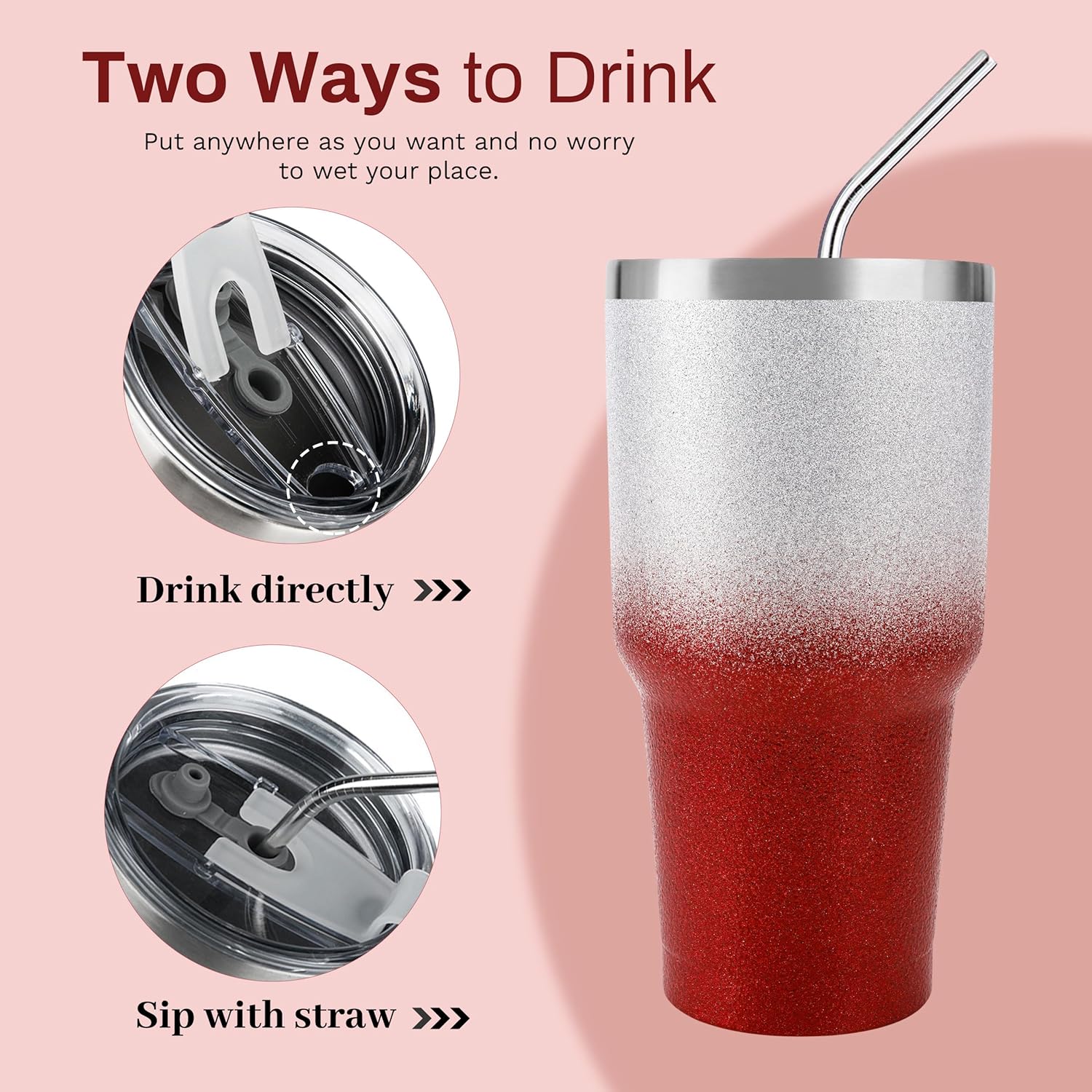 D·S 30 oz Tumbler Christmas Red Glitter Gradient Cup Stainless Steel Double Wall Vacuum Insulated Mug with Straw and Lid, Cleaning Brush for Cold and Hot Beverages - Image 3