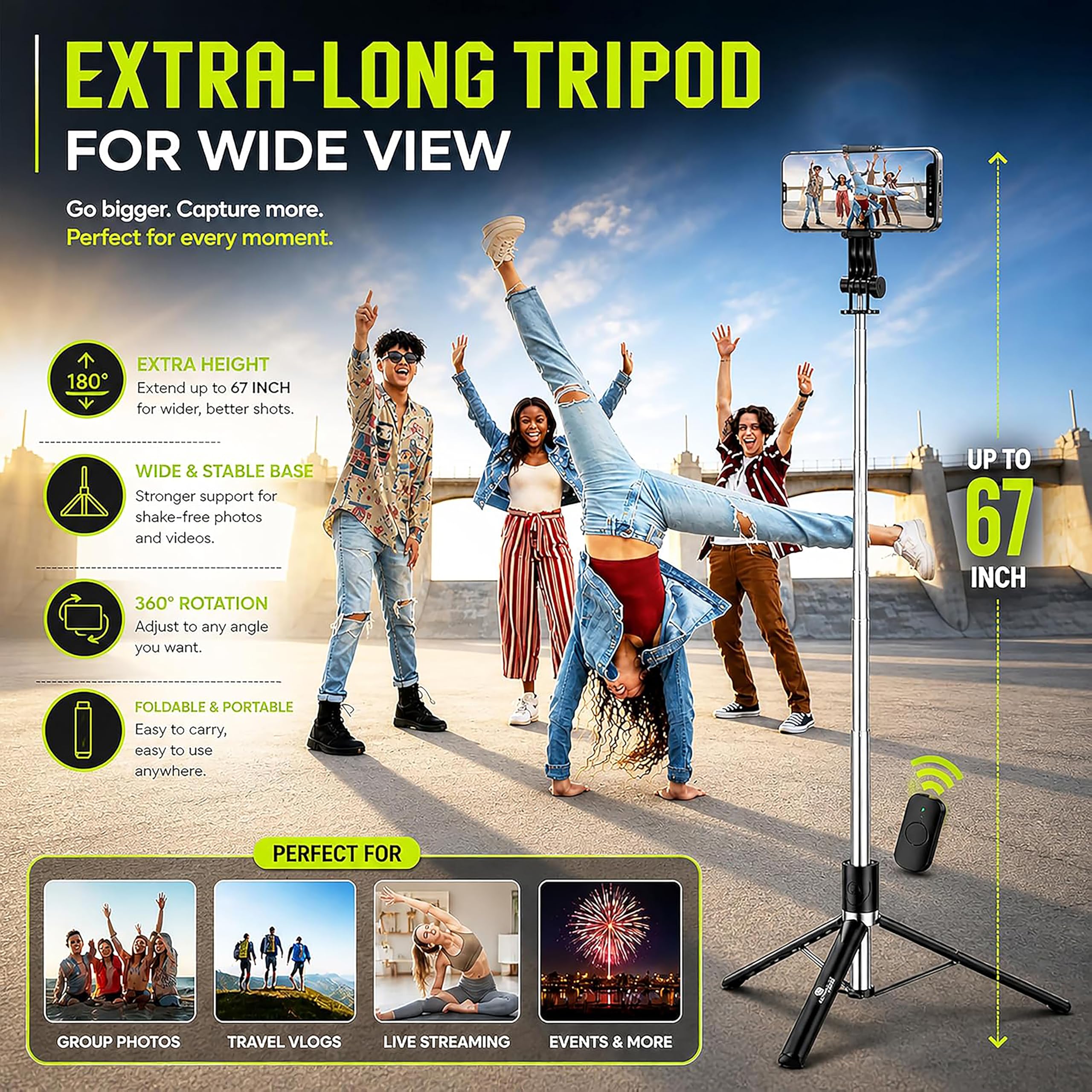 CIRYCASE® Selfie Stick Tripod, 67 inch /170CM Reinforced Tripod for Mobile Phone, Multi-Functional Bluetooth Long Selfie Stick for Travel,Vlogging,Compatible with iPhone and All Smartphones — Amazon image 3