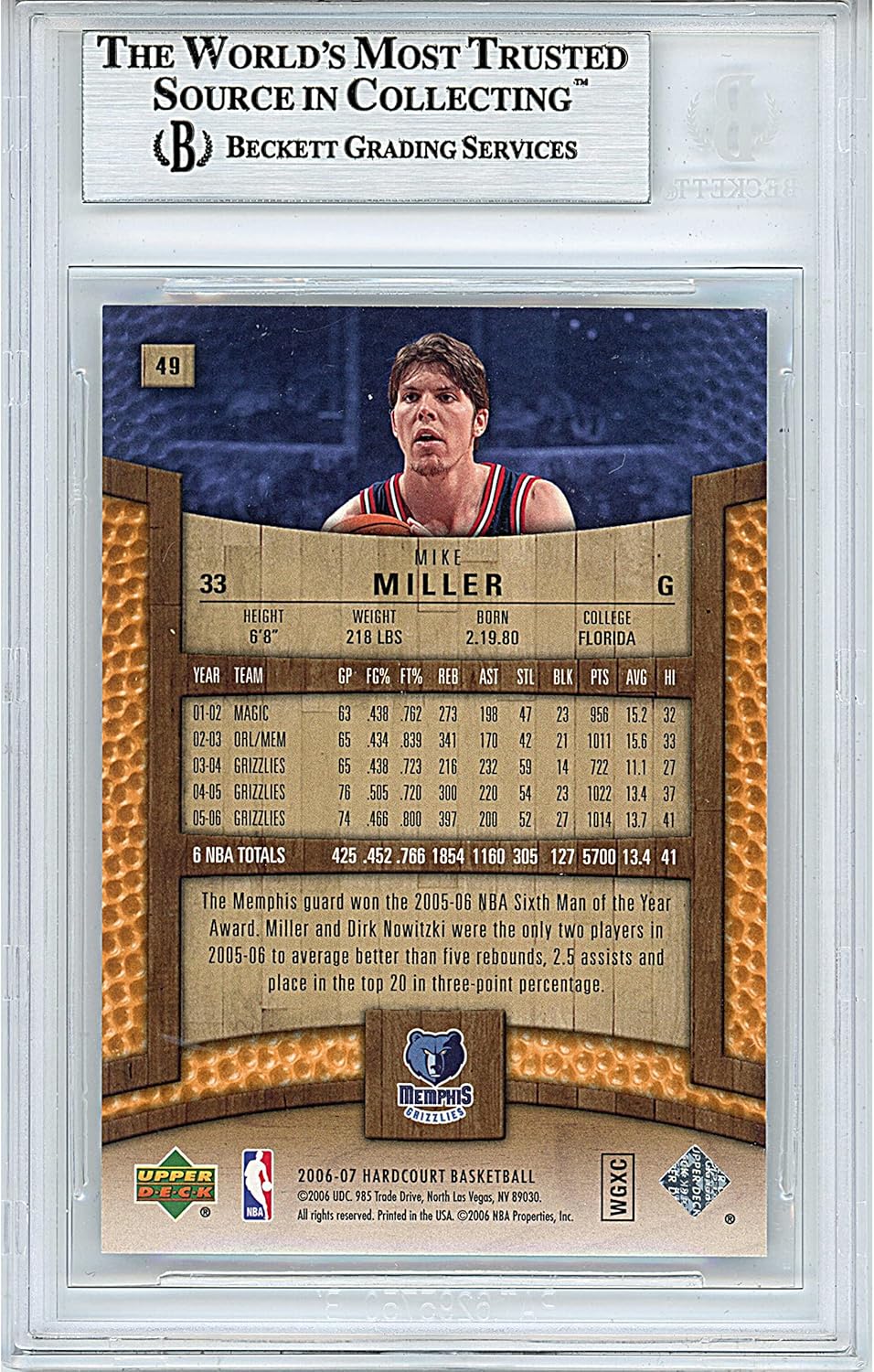 Mike Miller Autographed 2006 2007 Upper Deck Hardcourt #49 Basketball Trading Card Slab Beckett BAS Authentic Slabbed COA Played For Memphis Grizzlies NBA