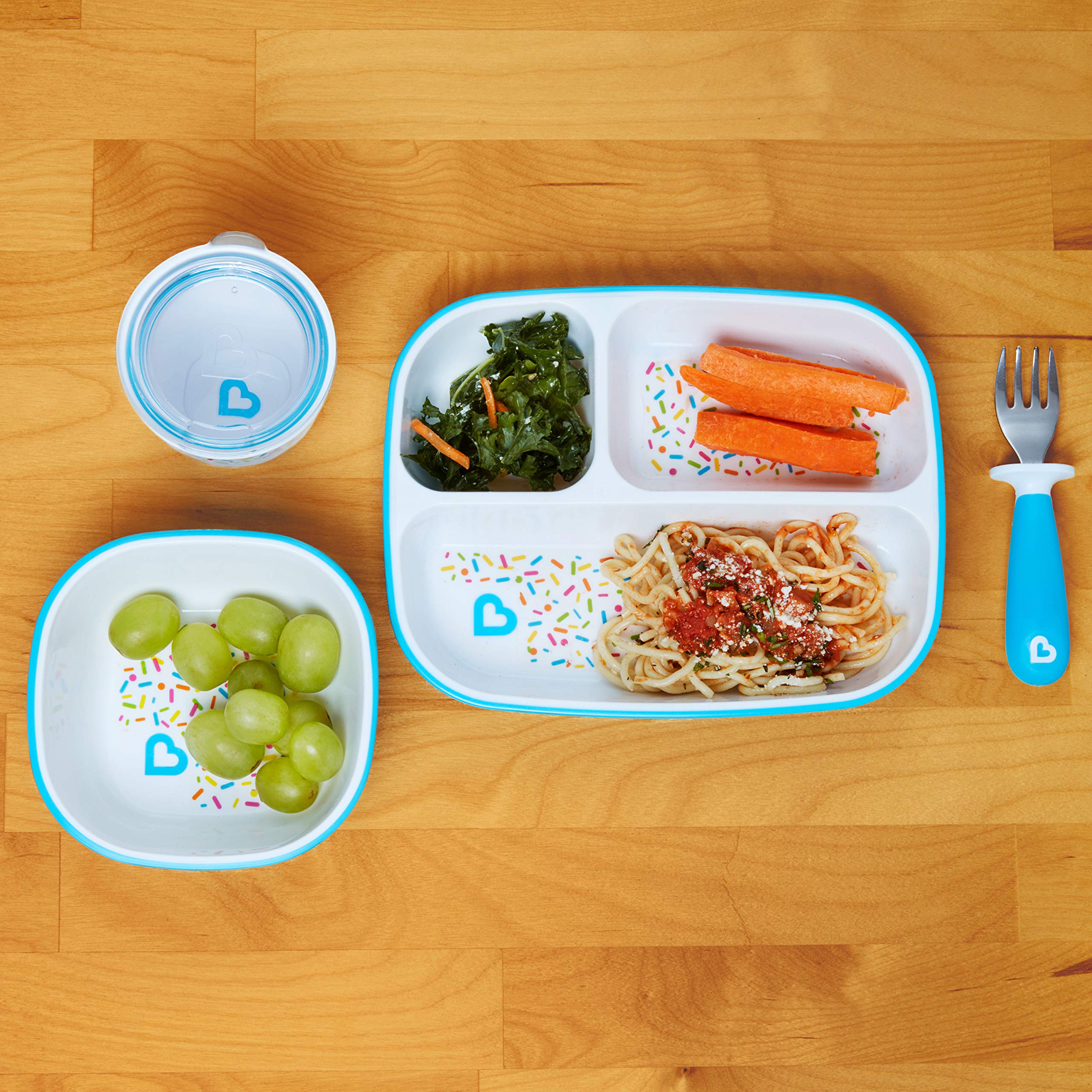 Munchkin Splash 6 Piece Toddler Divided Plate, Bowl & Cup Dining Set, Blue Sprinkles