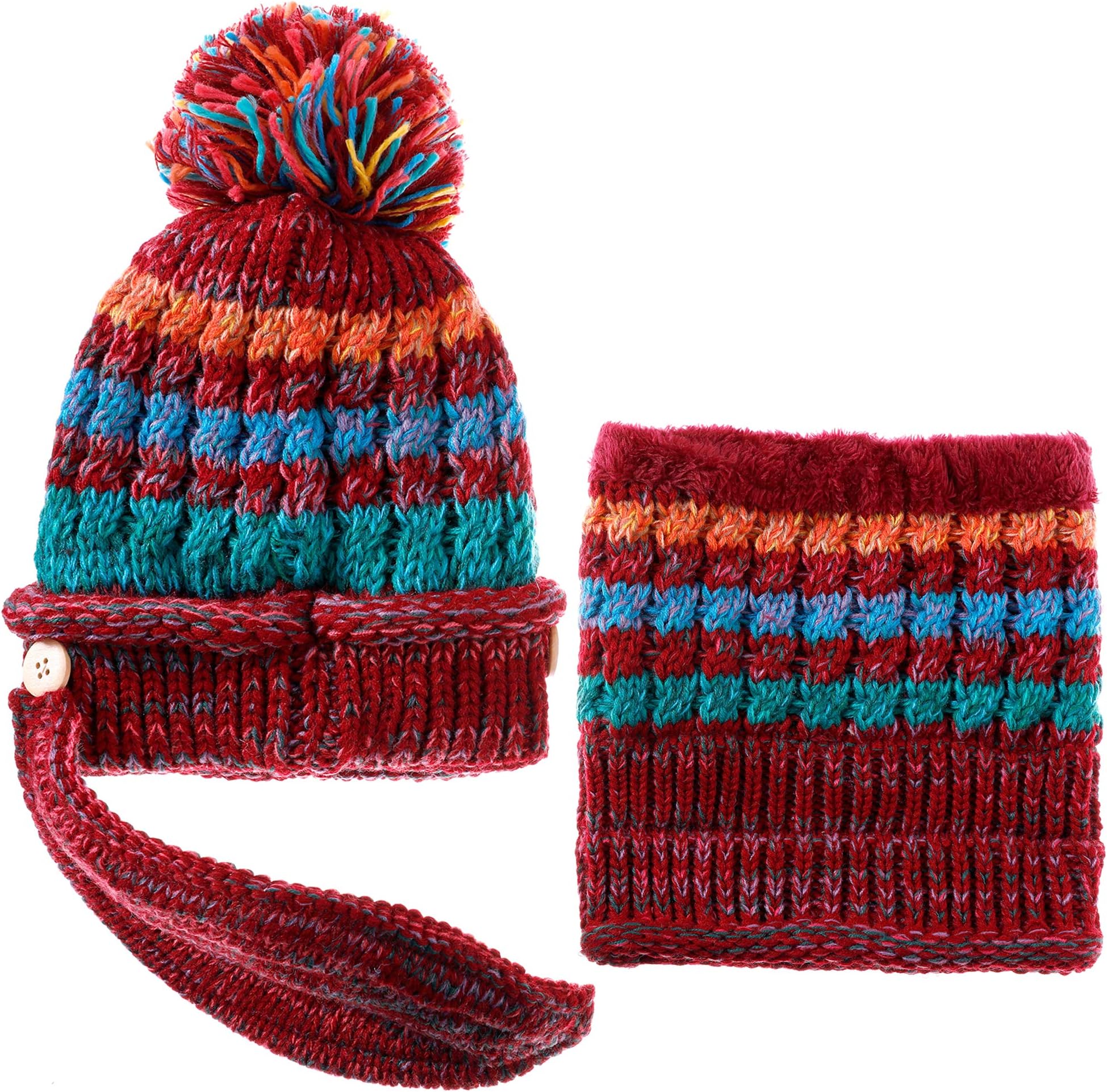 FANZEROWomens Girls Knit Beanie Scarf Mask Set Soft Warm Fleece Lined Winter Ski Hat with Pompom