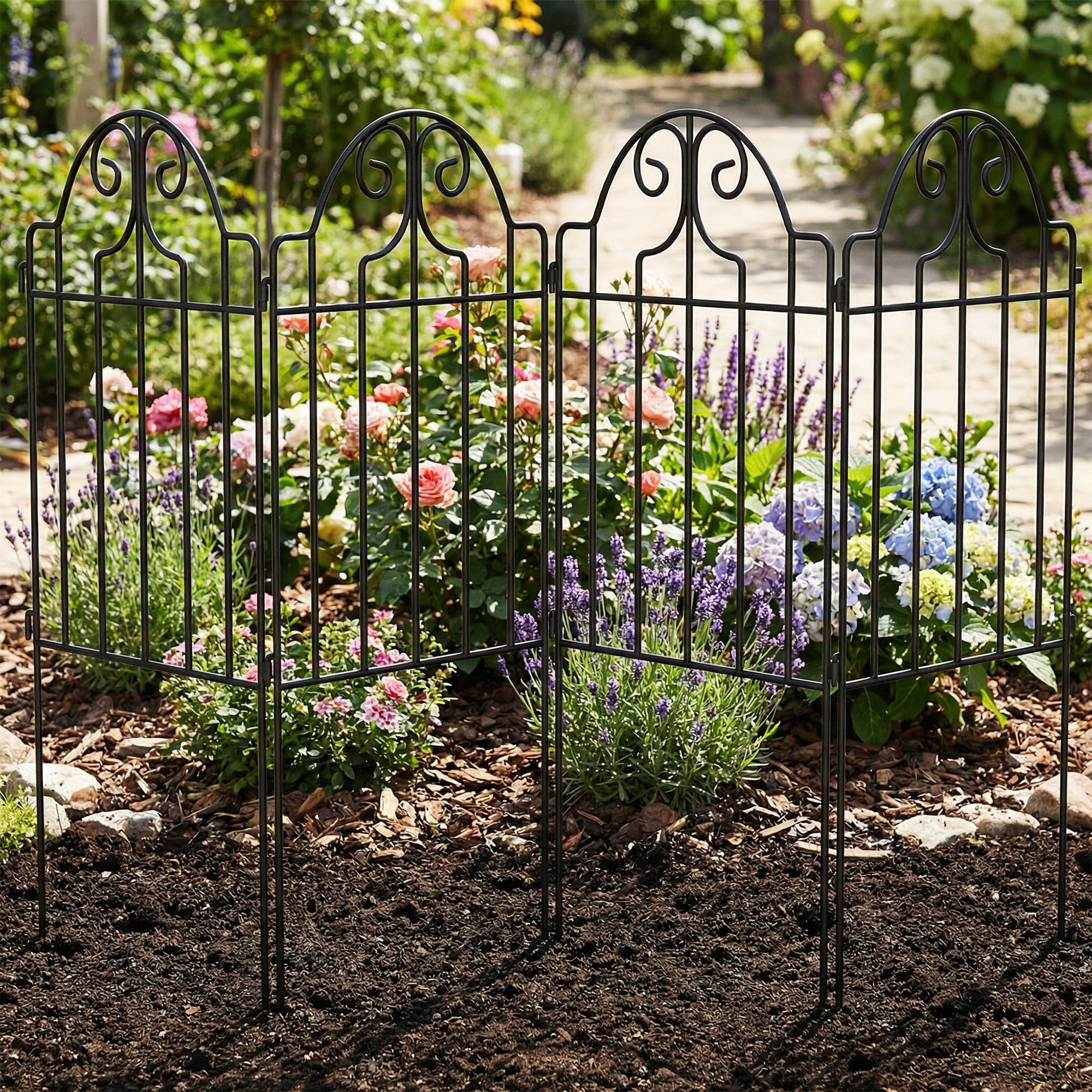 Outsunny Set de 4 Vallas de Jardín de Metal, 125x57 cm, Vallas de Jardín Exterior Decorativas con Diseño Arqueado, Resistente y Fácil de Instalar, para Huerto, Patio, Terraza, Césped, Negro