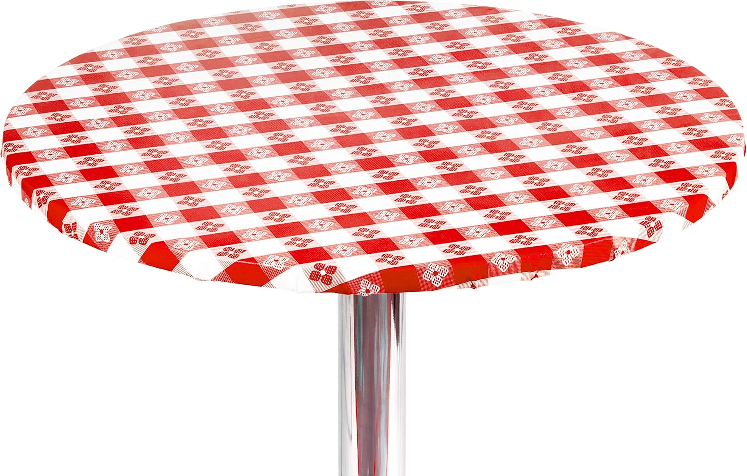 Yourtablecloth Checkered Vinyl Round Fitted Tablecloth with Flannel Backing Elasticized Tablecloth Great for Restaurants, Picnics, Bistros, Indoor and Outdoor Dining, Playing Cards 36” Red and White