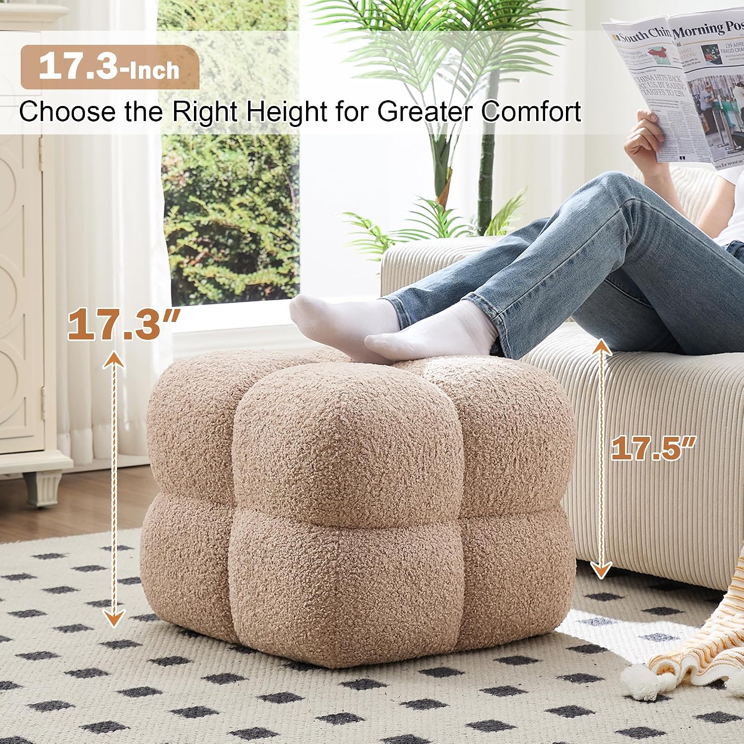 Zesthouse Square Pouf Ottomans Footstool Set of 2, Modern Ottoman Coffee Table for Living Room, Fuzzy Sherpa Fabric Stool Foot Rest, Upholstered Tufted Stool for Couch Sofa, Cute Vanity Chair, Tan