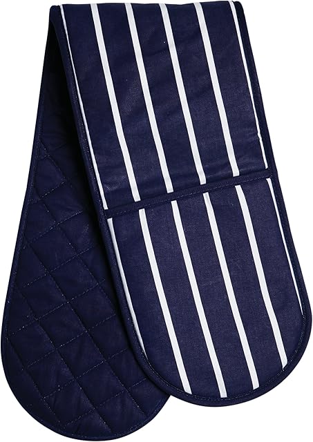 Premier Housewares 100% Cotton Gloves, Double Oven Mitts, Striped, Heat Resistant, H83X W18X D2, Blue