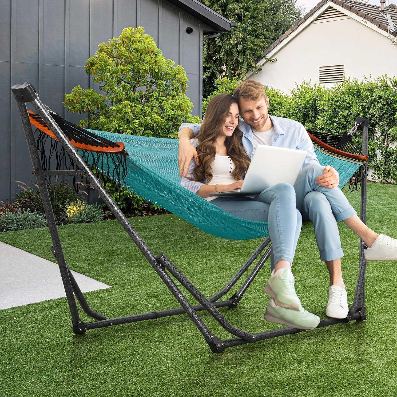 Goutime Double Hammock, 550 lbs Weight Capacity Collapsible Stand with Portble Carry Bag, 3-Level Adjustable Length and Up to 10ft, Double Layer Hammock Net, Perfect for Indoor, Outdoor (Sky Blue)