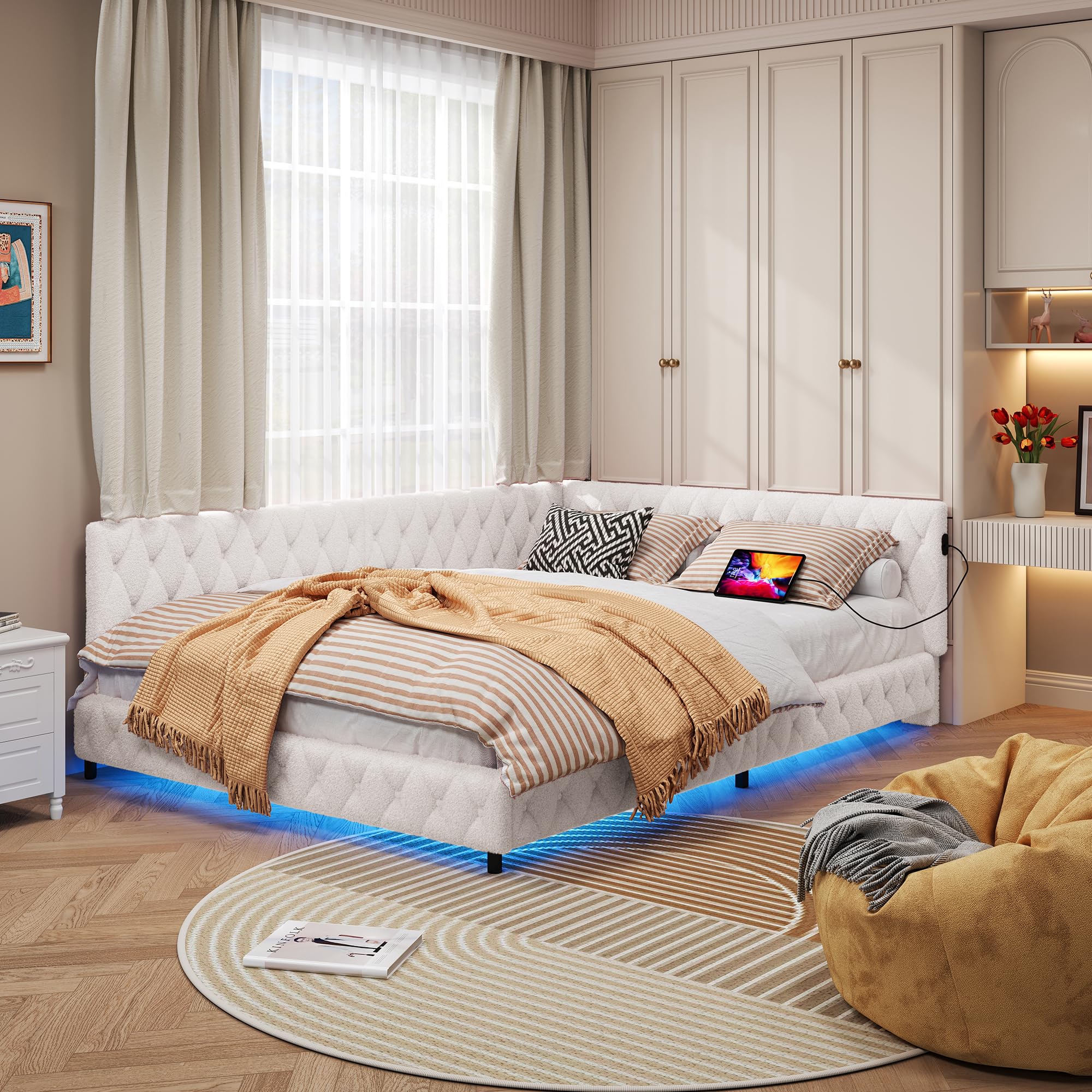 Sofa Bett 140x200, Tagesbett 140x200cm mit LED und USB-Anschluss, Jugendbett 140x200, Kinder Polsterbett Schlafsofa mit Lattenrost, Daybett Samt, Ohne Matratze (Creme 140 * 200)