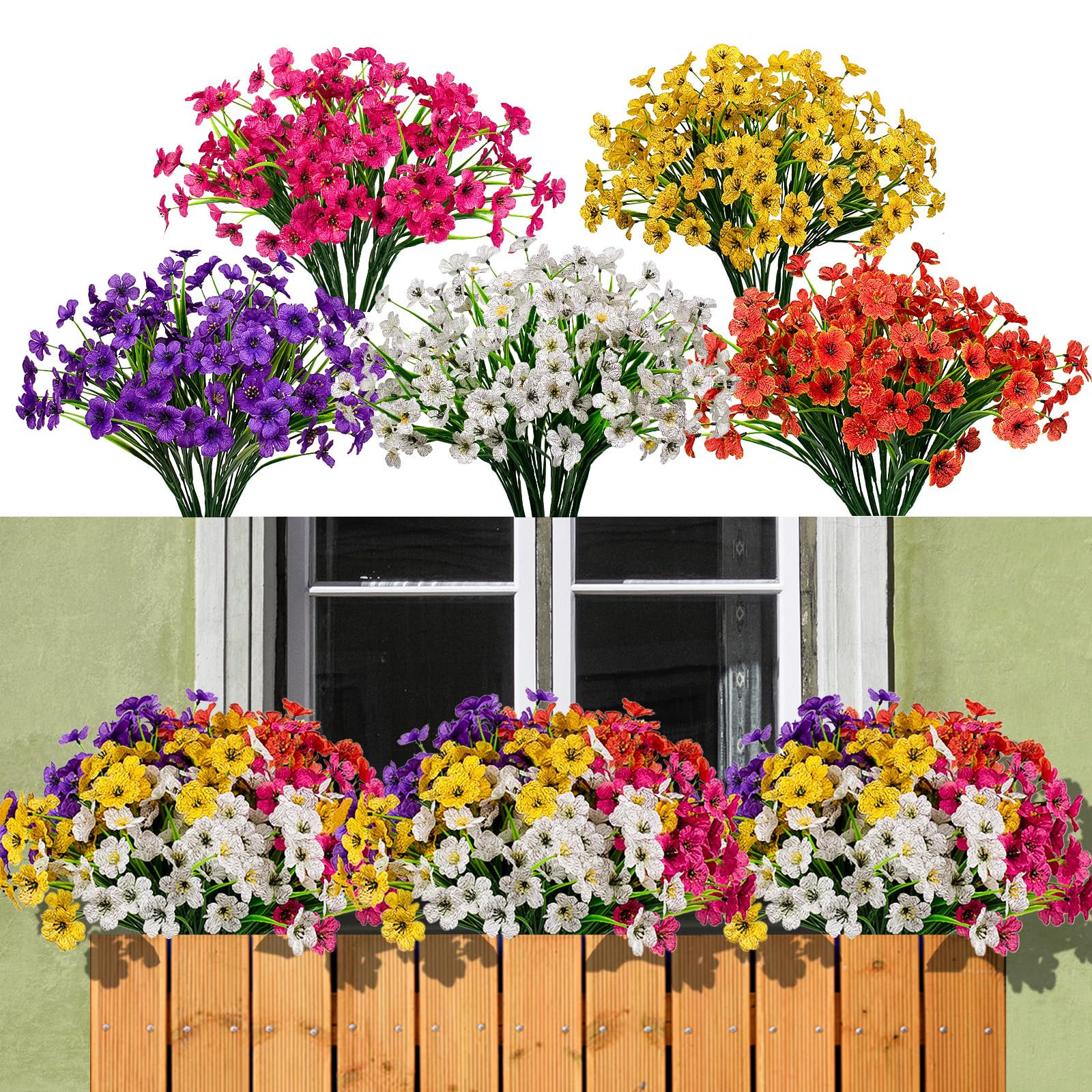 15 Bundles Artificial Flowers Outdoor UV Resistant Fake Silk Plants Plastic Faux Shrubs Outside Front Porch Window Box Garden Home Hanging Planter Decoration (Mixed Color)