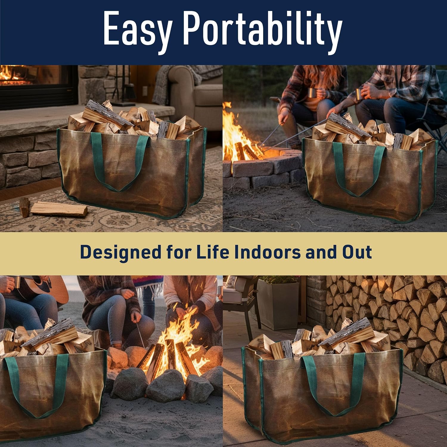 Kings County Tools Waxed Canvas Firewood Carrier Bag - Heavy Duty Stand Up Wood Carrier for Firewood - Utility Tote Bag Fits 9 Logs - Fireplace Tools, Camping Essentials, or Wood Stove Accessories