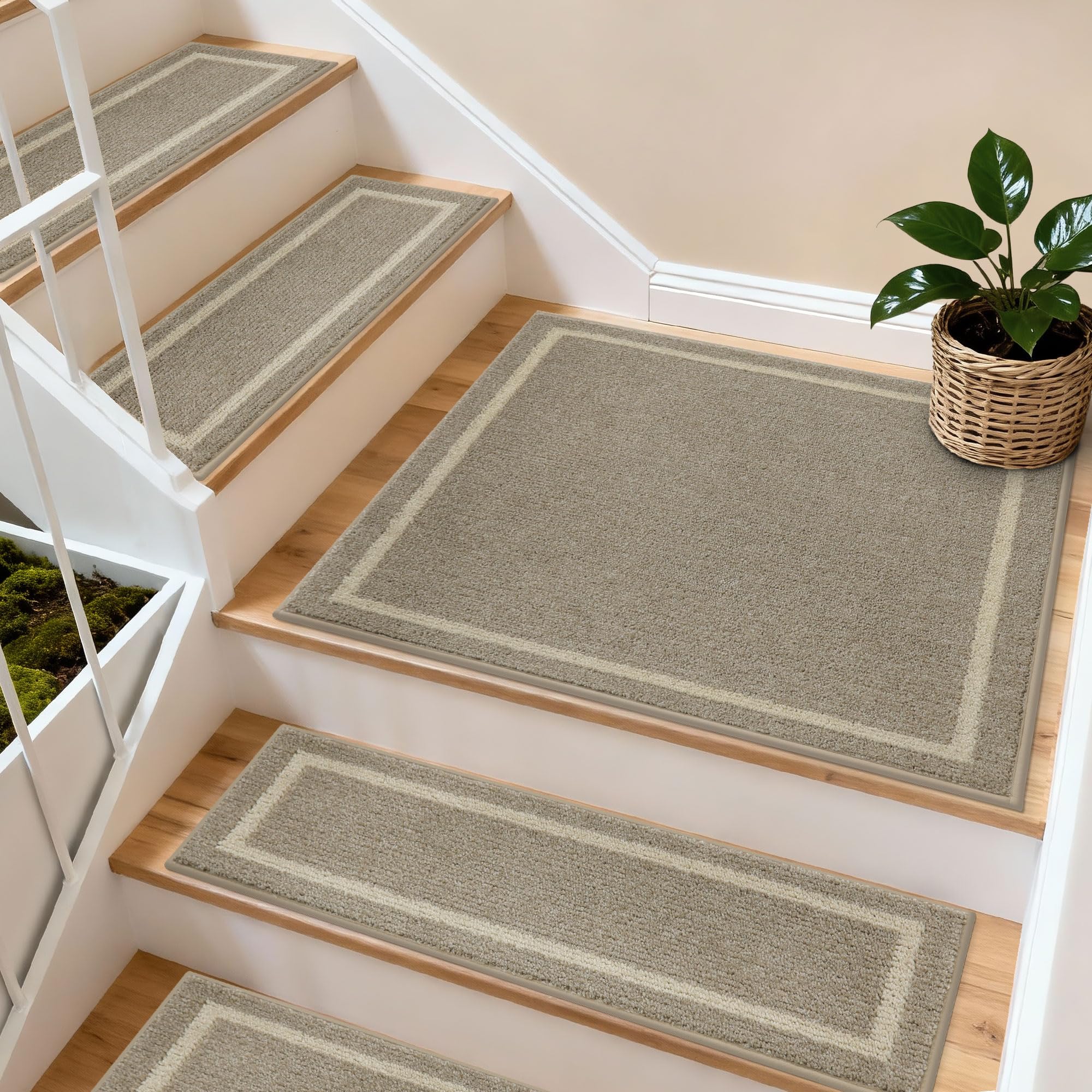 COSY HOMEER 76 x 76cm Square Staircase Corner Stair Treads Mats for Indoor Staircases, Washable 100% Polyester Carpet Staircase Mat for Kids Elders Dogs with TPE Backing, 1pcs Beige