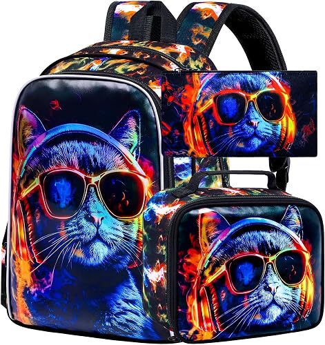 3Pcs Backpack for Boys, 17" Kids Bookbag with Lunch Box, School Backpacks for Elementary Preschool Kindergarten, Cat Black, One Size, Cat Backpack