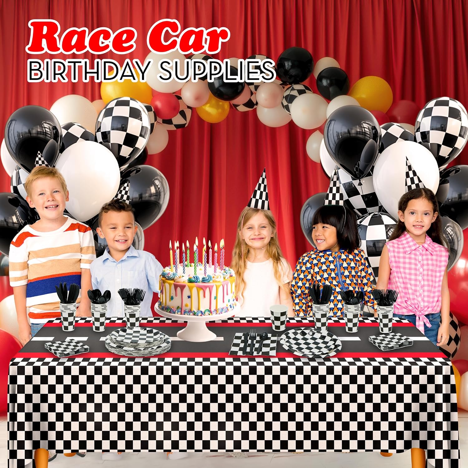 Checkered Party Supplies Set Serves 24 - Checkered Flag Plates, Cups, Napkins, Cutlery - For Race Car Birthday Party Supplies Table Ware Decorations by 4E's Novelty image 2