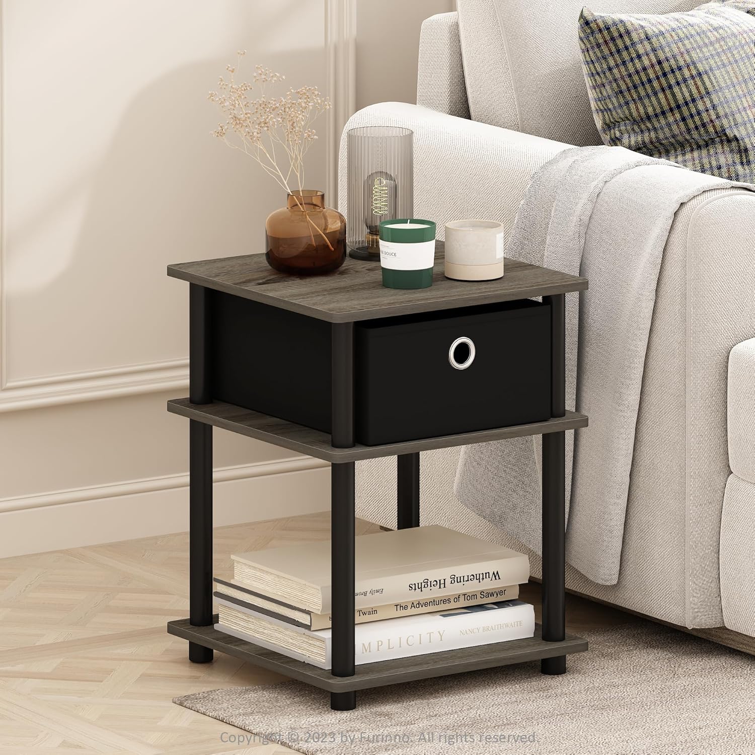 Furinno Turn-N-Tube Side Table, 3-Tier Square Modern End Table with Storage Bin, Open Shelf Night Stand, Bedside Table, Easy Assembly, Grey Oak/Black/Black