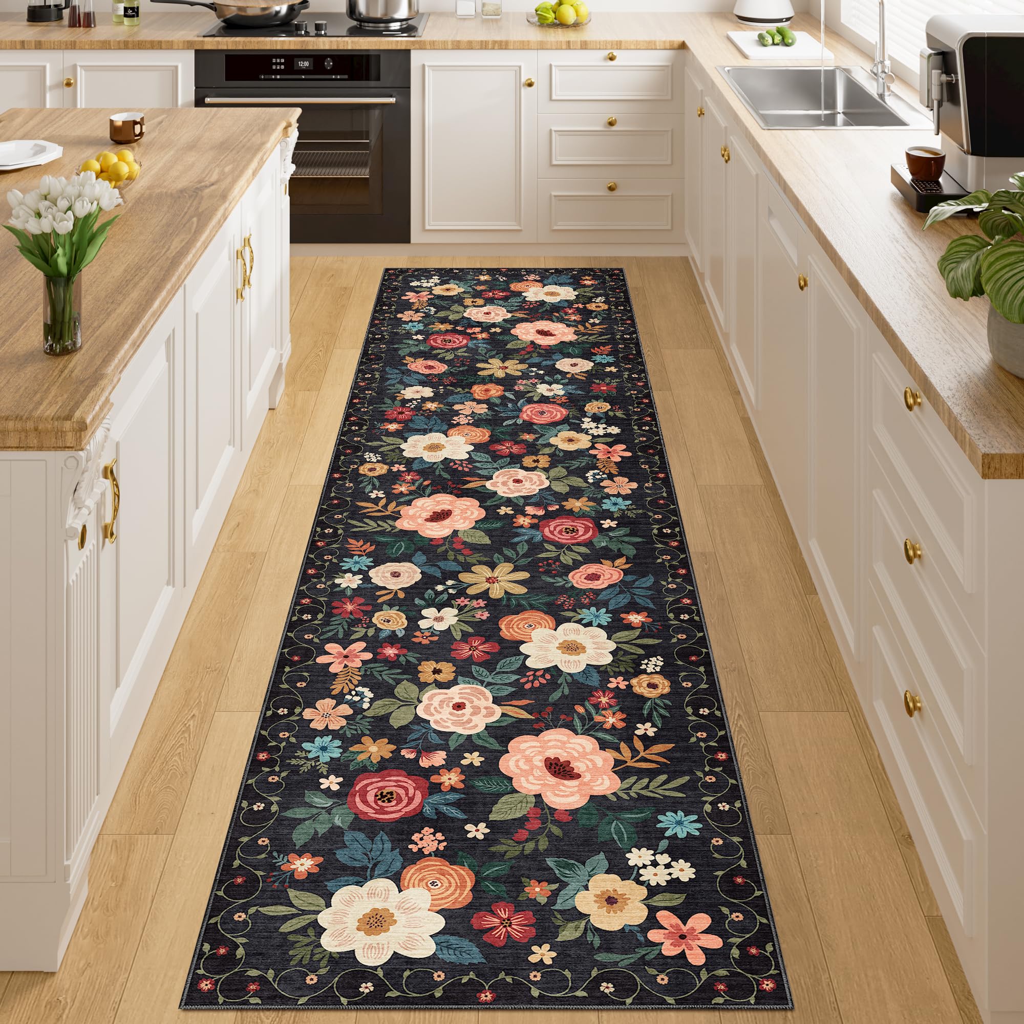 Photo 1 of DUKINO 2x8 Runner Rug, Floral Washable Kitchen Runner Rug Non Slip, Black