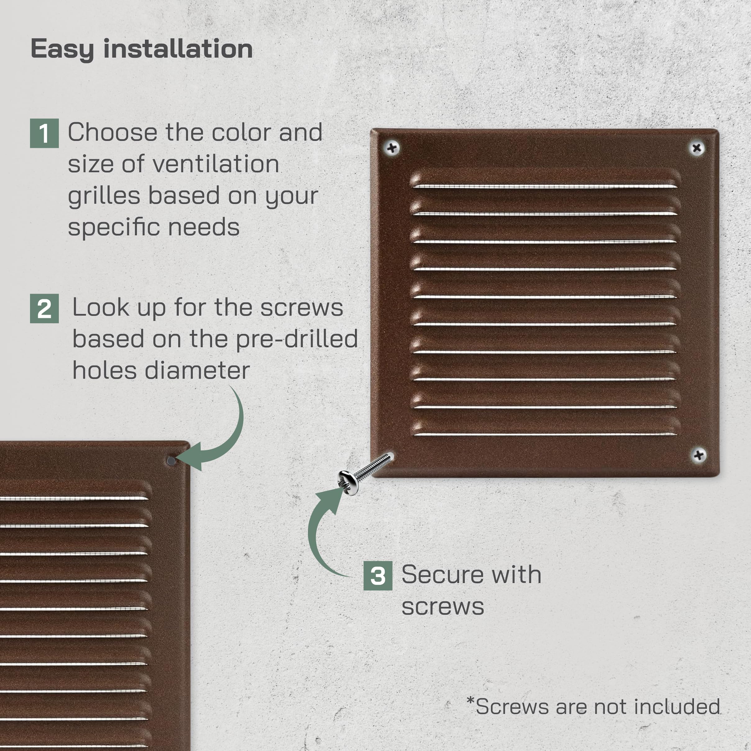 Vent Systems 195 x 195 mm Scratch Resistant Brown Soffit Air Vent Cover, Square Metal Louvered Gable Vent with Mesh Screen - Image 4