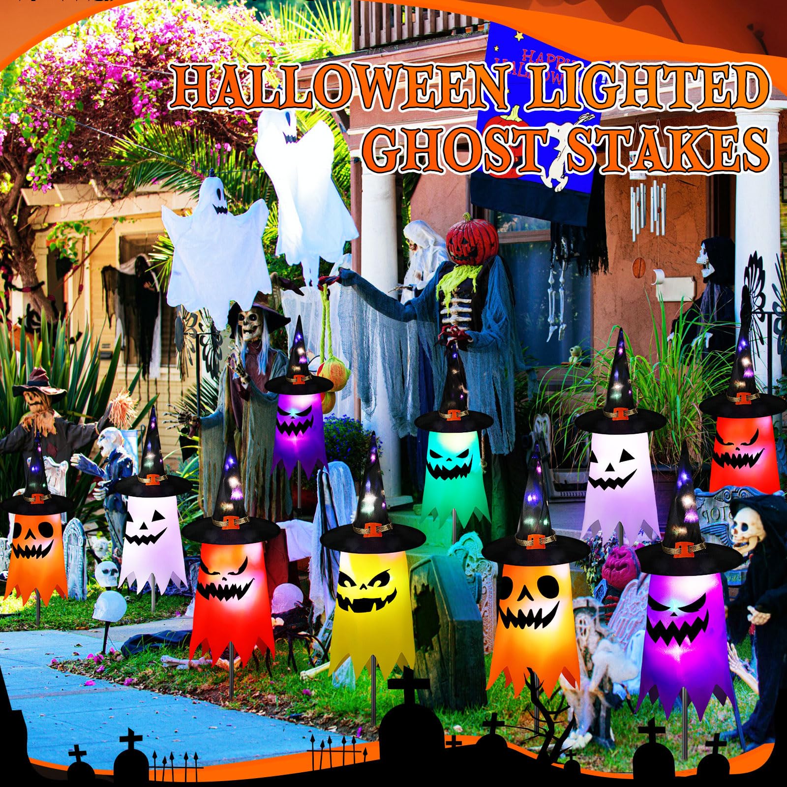 Snapklik.com : 12 Pcs Halloween Pathway Lights 23.5 Inch Ghost Yard