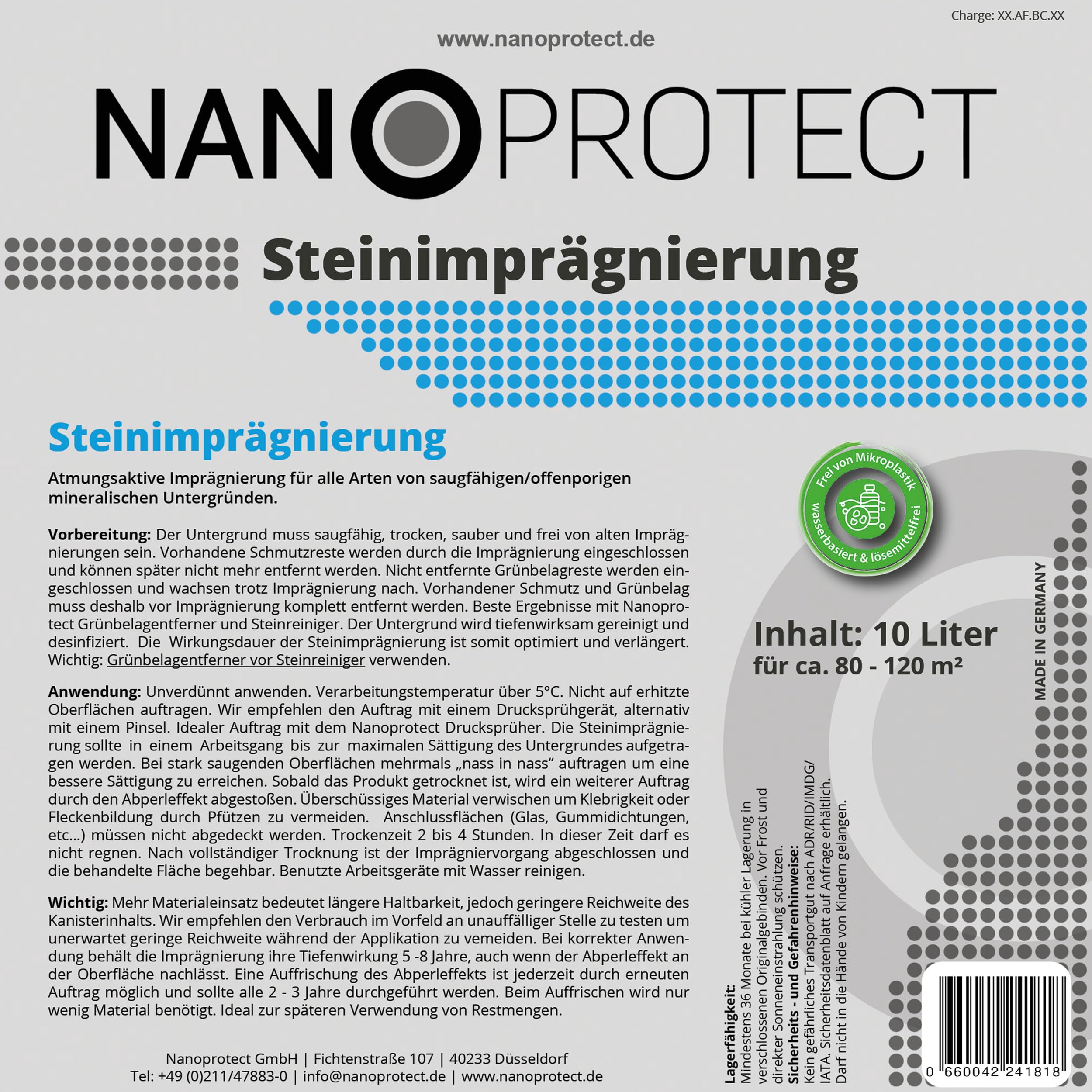 Nanoprotect Steinimprägnierung 10 L für 80-120 m² - inkl. Drucksprüher | Wasserabweisende Profiqualität für Terrasse, Einfahrt, Gehweg, Dach, Fassade | Atmungsaktiv | Gegen Schmutz und Grünbelag