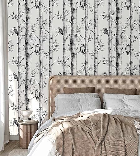 Miniatura 6 de Papel tapiz de abedul para despegar y pegar, papel tapiz de búho, vinilo autoadhesivo en blanco y negro, para decoración del hogar, 17.7 x 118