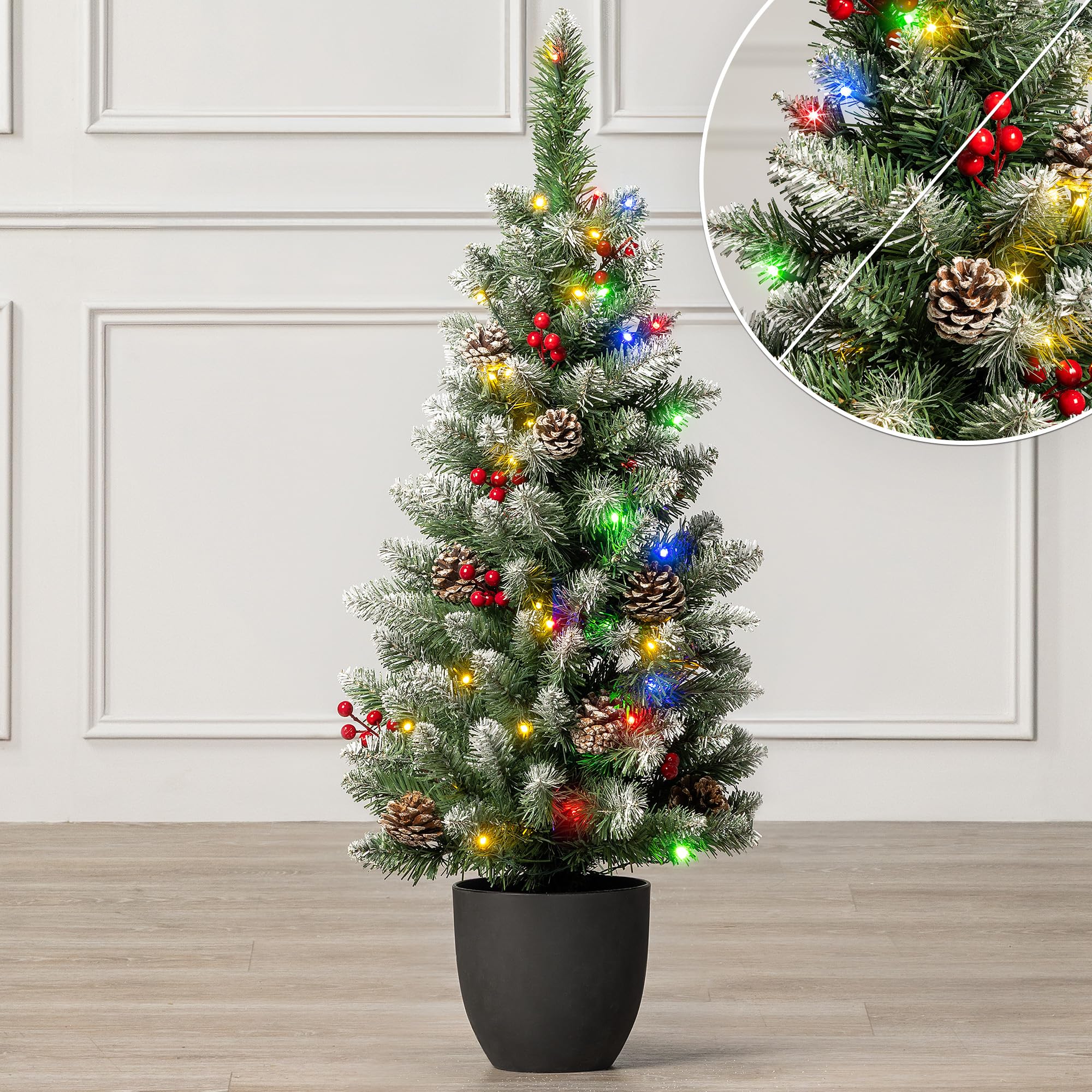 Christow 3ft Pre-Lit Pine Cone & Berry Christmas Tree, Dual-Colour Lights (Switch from Warm White to Multi-Colour, Frosted PVC Tips, 5 Modes – Colour Changing, Battery Powered, Timer, Indoor/Outdoor