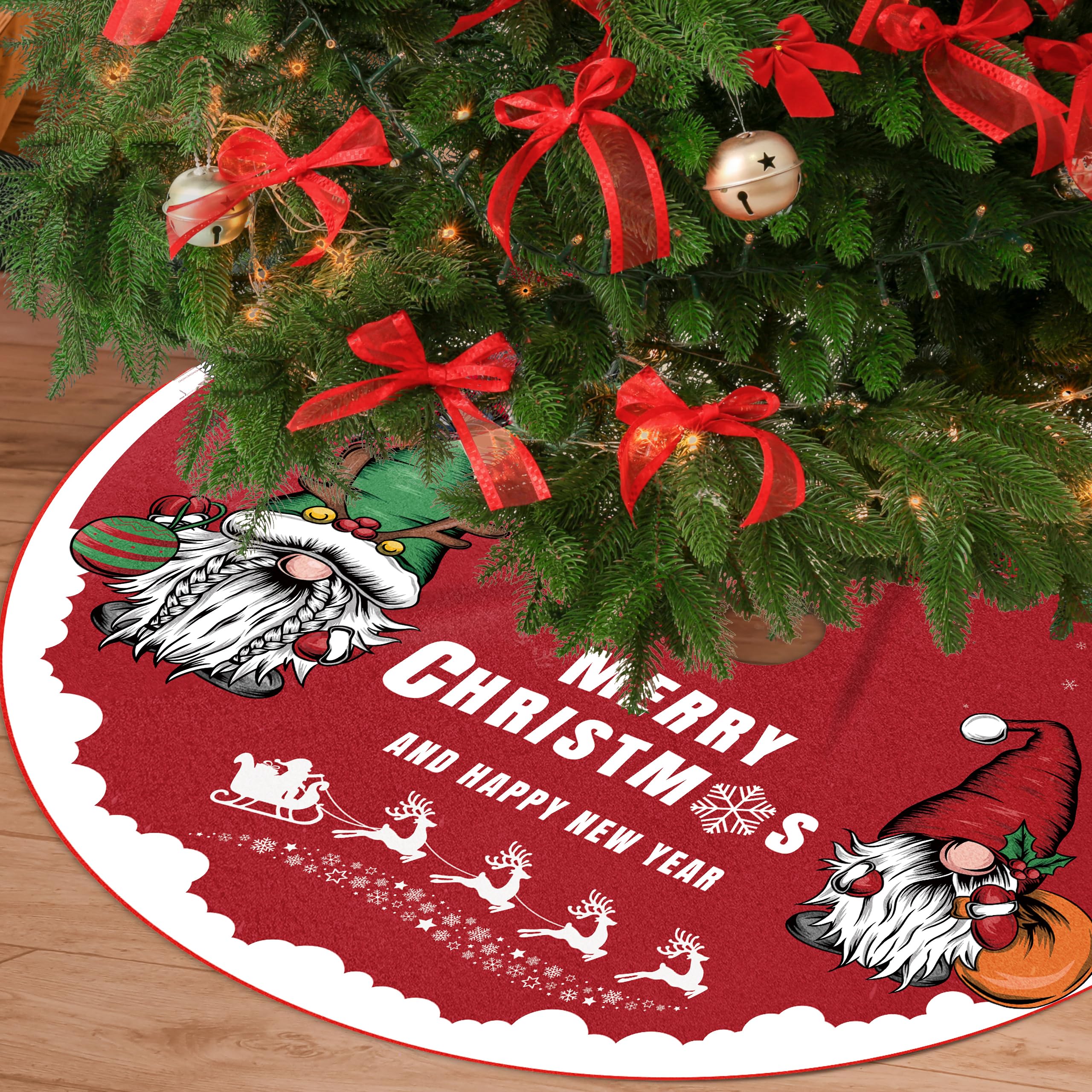 Christmas Tree Skirt Tree Skirt 30 INCH Large Snowflake Reindeer Christmas Gnome Red Xmas Tree Skirt Rustic Christmas Tree Decorations Holiday Party Decorations Indoor Outdoor Tree Mat Decoration