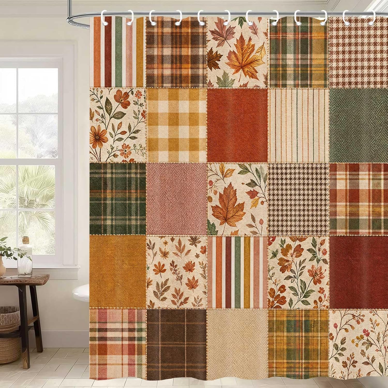 Fall Shower Curtain Boho Floral Autumn Patchwork Bathroom Curtains