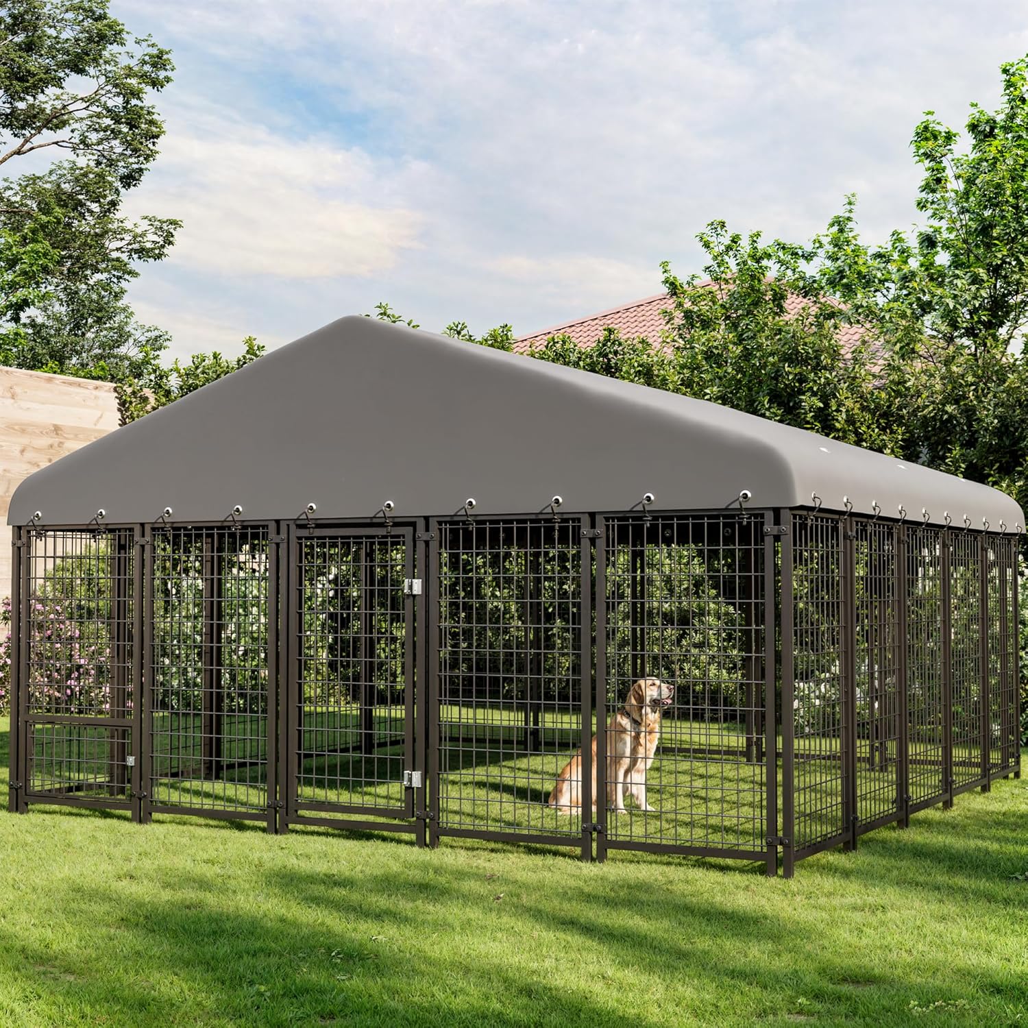 120"x118" Dog Kennel Outside, Large Outdoor Dog Kennel with Feeding Door and Double Lock, Heavy-Duty Weatherproof Dog Cage and Dog Fence with Roof, House Outdoor for Large Dogs, Easy Assembly