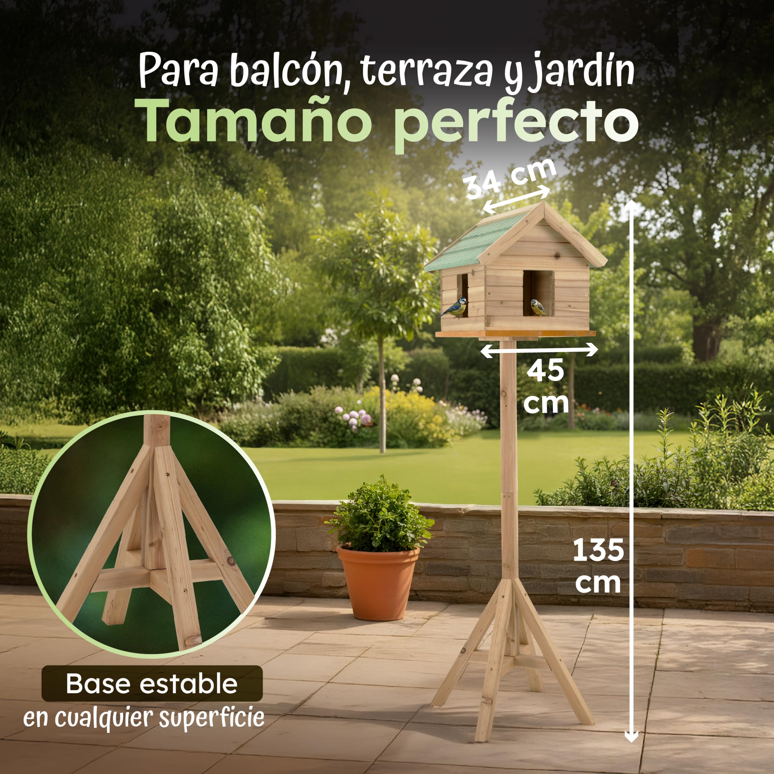 Moorland Casa para Pájaros con Ventanas y Soporte Comedero Cerrado Madera | 135cm Verde Techo con Tejas Resistente al Clima Para Todo el Año Abeto FSC jardin aves VH2