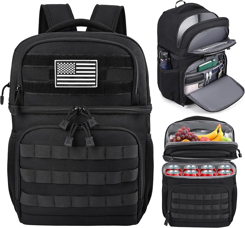 MOZETO Lunch Backpack for Men, Tactical Inspired Double Deck Cooler Backpack Insulated Leakproof RFID Lunchbox for Work (Black)
