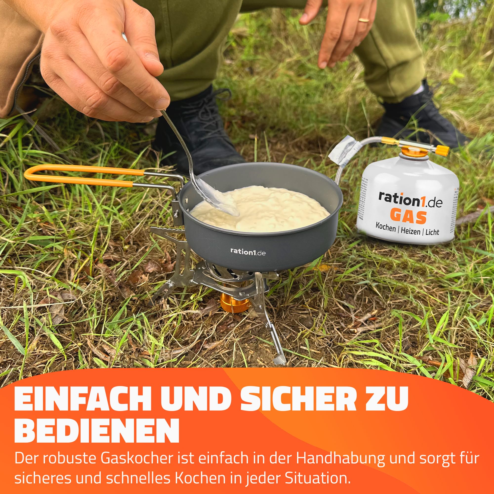 ration1 Camping Gaskocher Set - 7-teiliges Aluminium Topfset, 3 Gaskartuschen, Campingkocher, lebensmittelechte Töpfe & Schalen, Feuerzeug - Kompaktes Outdoor & Camping Kochset