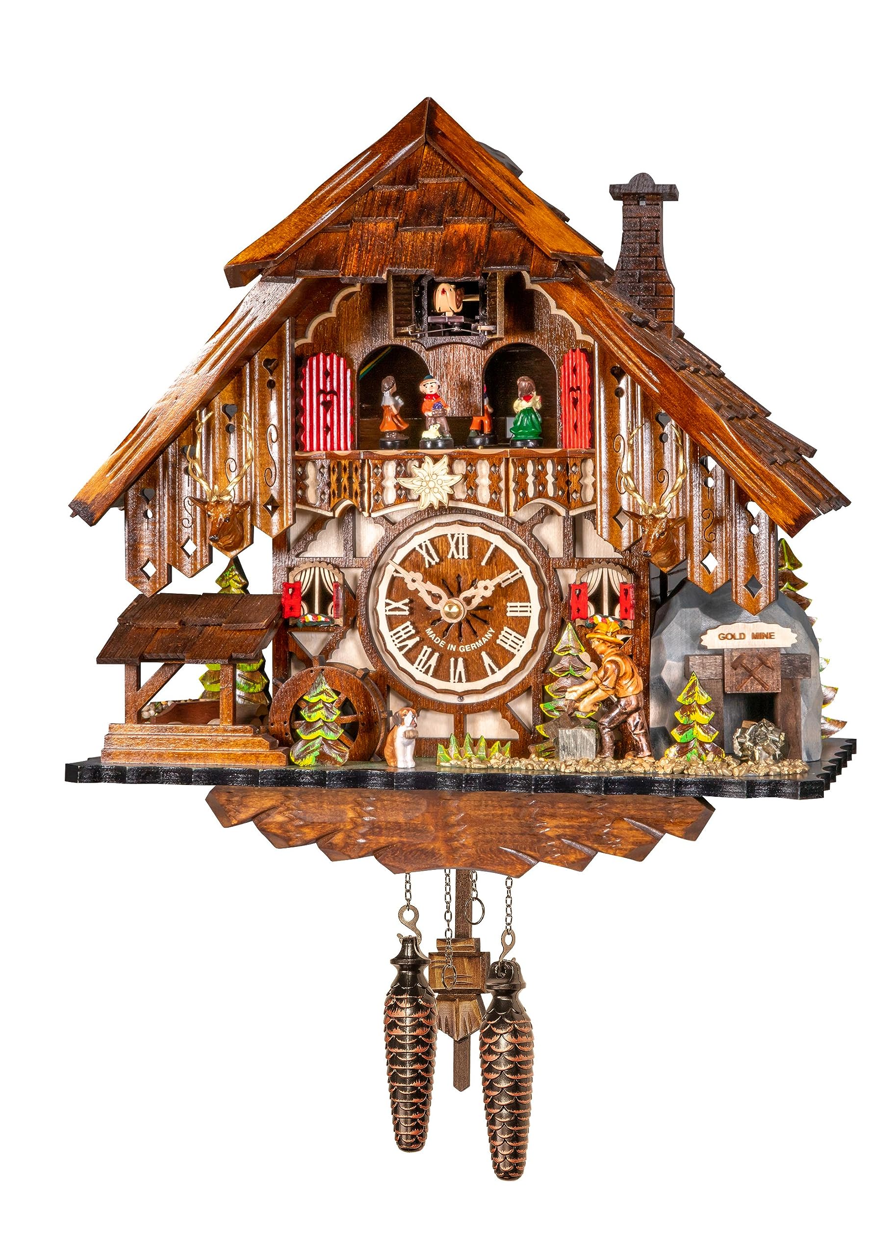 EngstlerQuartz Cuckoo Clock Black Forest House with Moving Wood Chopper and Mill Wheel, with Music