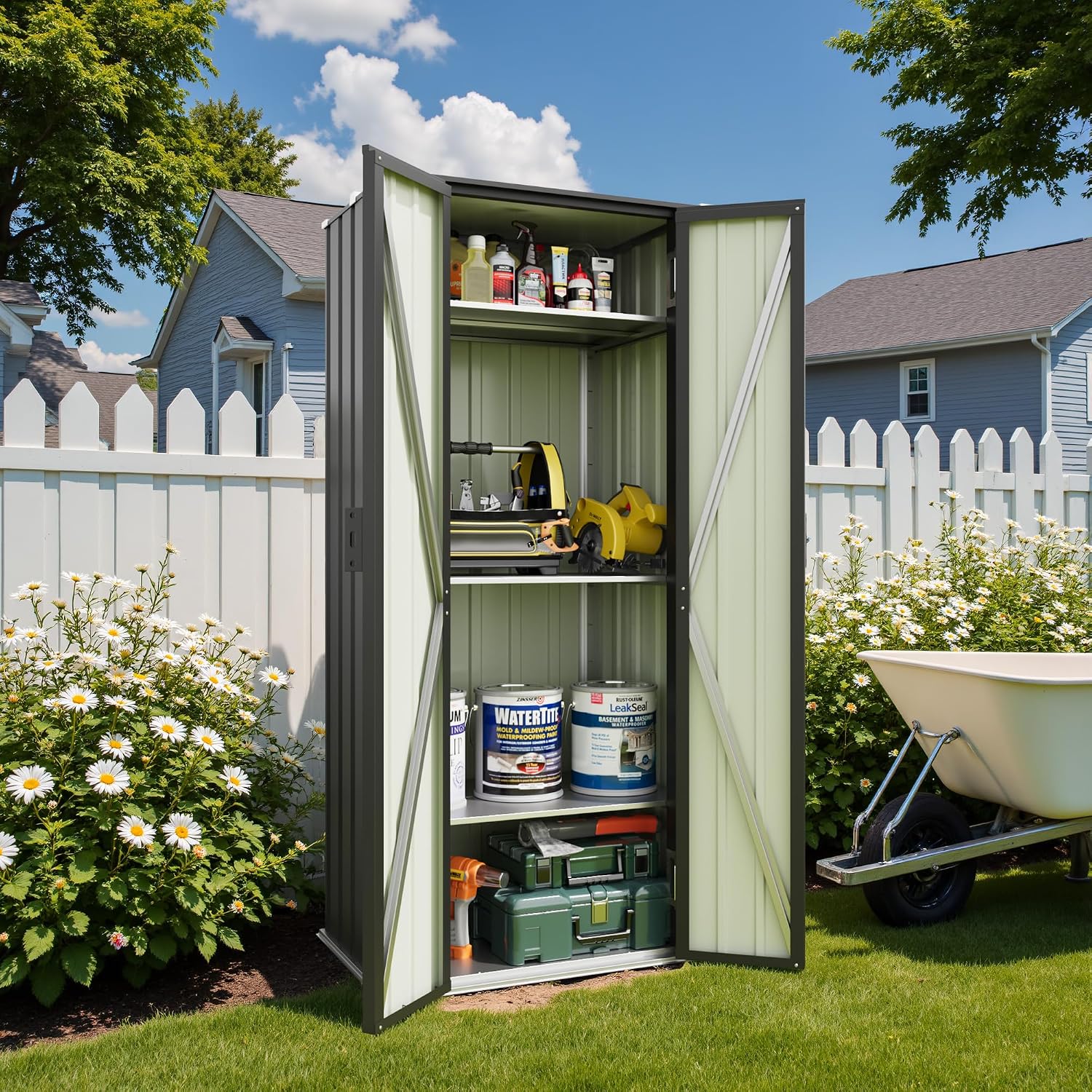 Patiowell 28 Cuft Outdoor Storage Shed with Adjustable Shelves, Metal Vertical Storage Cabinet with Lockable Door, Outdoor Waterproof Tool Garden Shed for Backyard Lawn Patio, Black