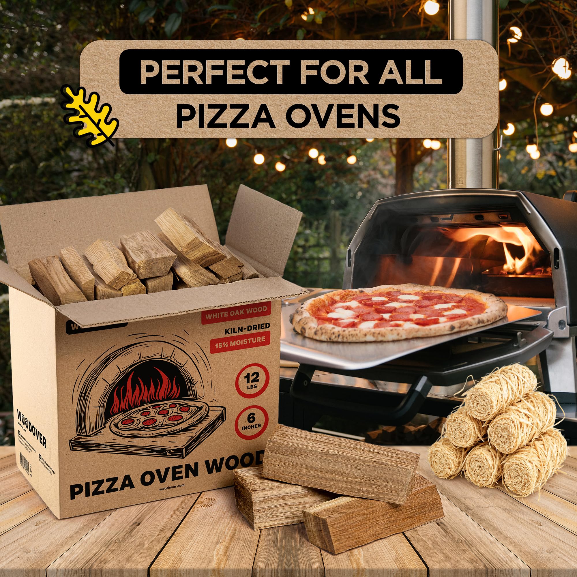 Pizza Oven Wood with Fire Starters, 12 lbs Kiln-Dried White Oak Logs (6 Inch) for Ooni, Solo Stove, Gozney – Low Smoke, Clean Split Firewood for Outdoor Cooking & Wood-Fired Pizza, Approx 800 cub.in.