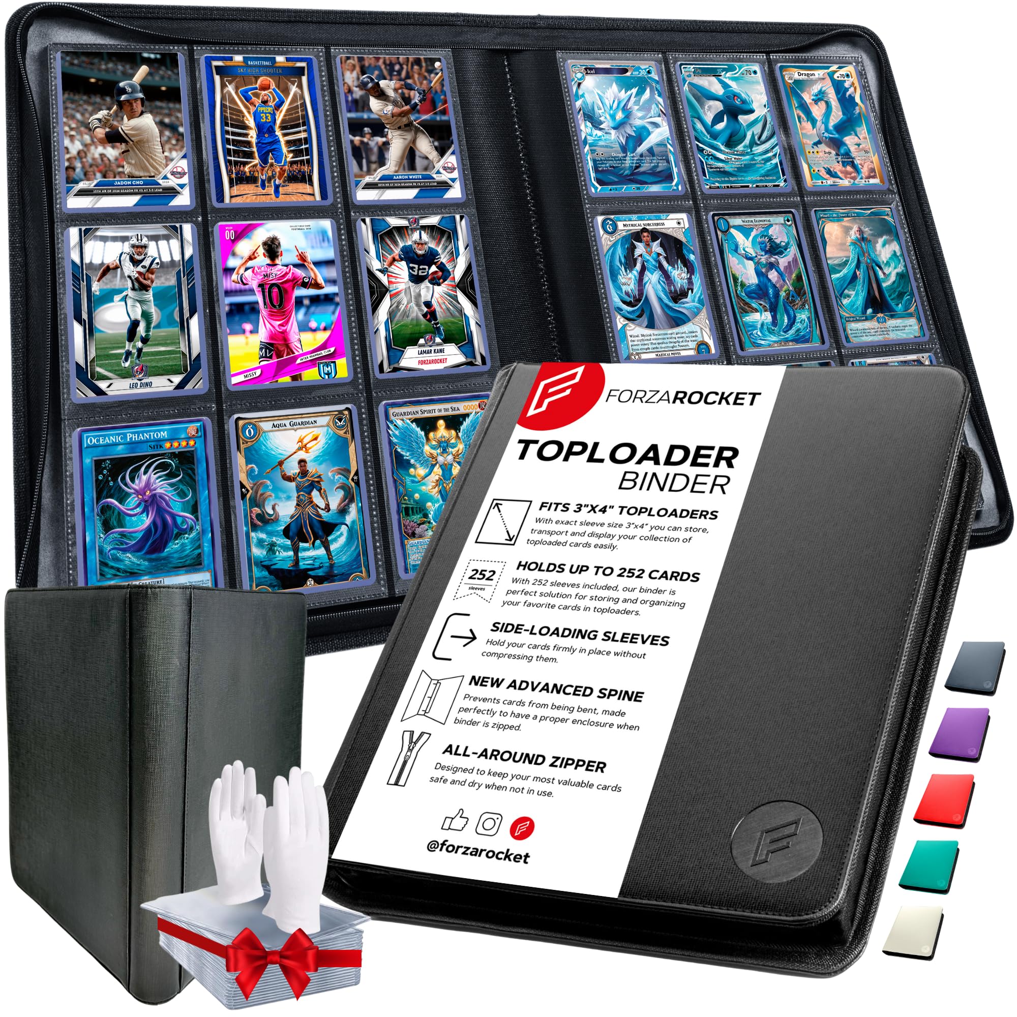 FORZAROCKET Toploader Binder, Holds 252 Cards in Toploaders, 8 INCLUDED, Waterproof PU Leather, Ringless Double-Sided Pages, Archival Safe Pockets, Pleasurable Inner Lining (9 pocket, Jeans Black)