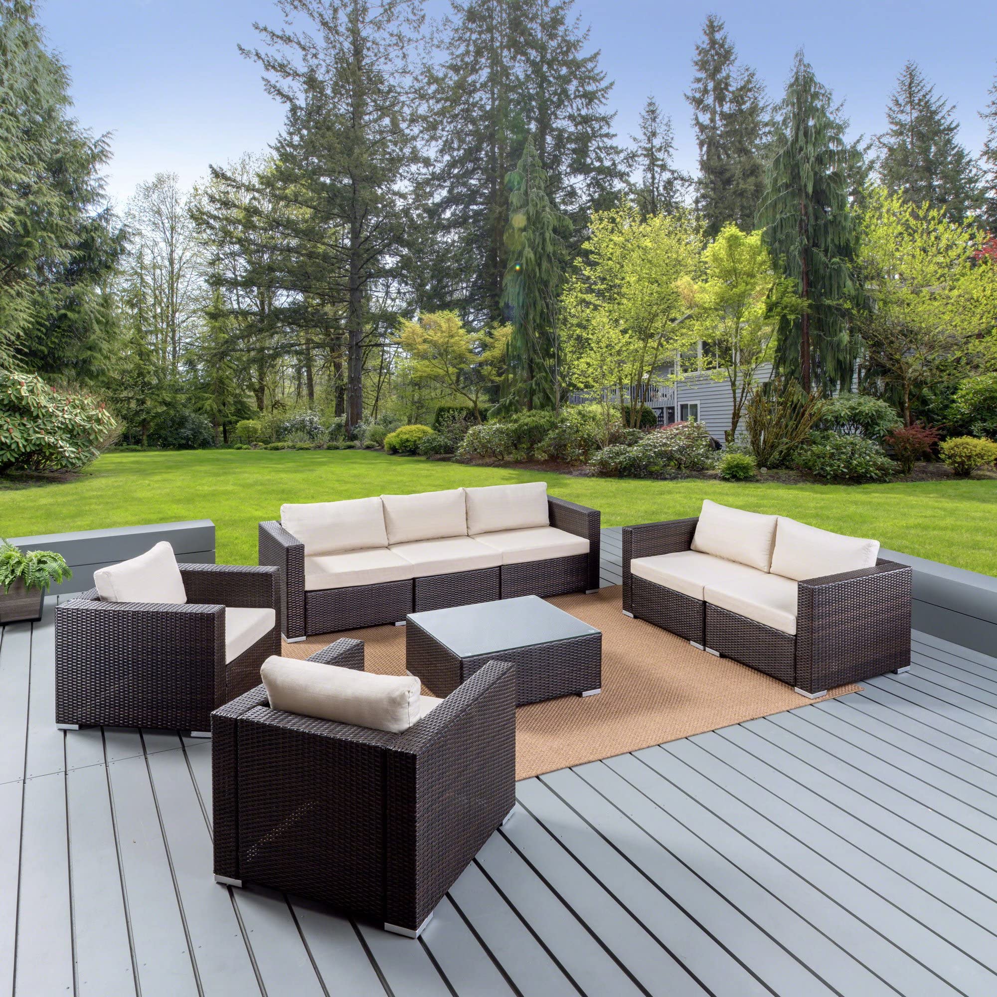 DEVOKO 5 Piece Patio Furniture Outdoor Sectional Sofa HDPE Wicker 7 Seater Conversation Set with Washable Cushion and Center Table for Porch, Lawn, Garden, Backyard (Dark Brown & Cream)