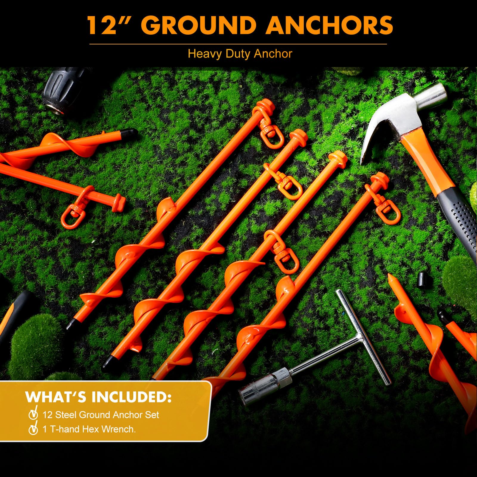 Zhengmy Lot de 12 ancrages au sol à visser – Piquets de tente robustes de 30,5 cm avec crochet d'ancrage de trampoline, piquets de sol pour tente de camping, auvents, ports, abris de jardin,