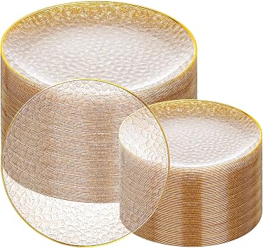 Rubtlamp 100Pcs Clear Gold Plastic Plates, Gold Glitter Disposable Plates, Hammered Plastic Plates Included 50 Dinner Plate And 50 Dessert Plate for Weddings Party Birthday