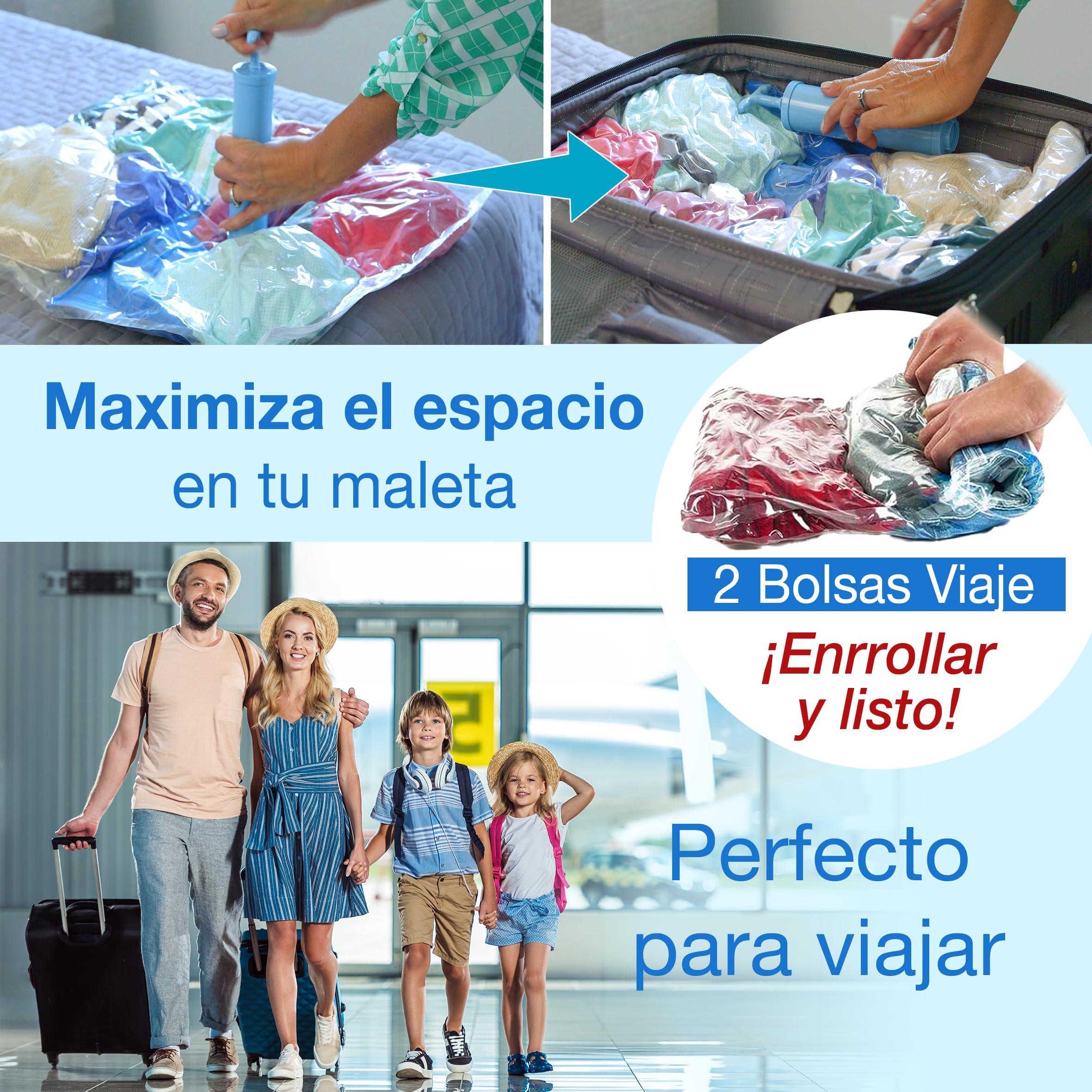 Set 8 Bolsas de Vacío Ropa GUARDAPLUS: Edredones Abrigos Viaje... Ahorra espacio. Desinflado rápido. Incluye: 1 XXL, 1 XL, 1 M, 2 S, 1 Trajes + 2 Bolsas viaje + Bolsa Zapatero + Bomba Extractora