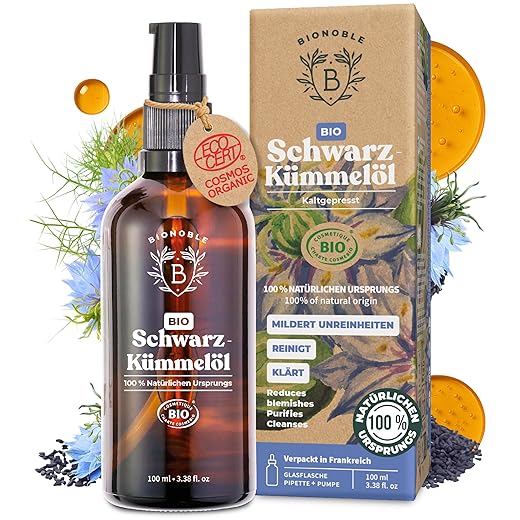 Bionoble Schwarzkümmelöl Bio 100ml - Glasflasche + Pipette + Pumpe - 100% Kaltgepresst + Ungefiltert - Gesicht, Körper, Haare - Ägyptisches Schwarzkümmel Öl - Vegan Organic Black Seed Oil
