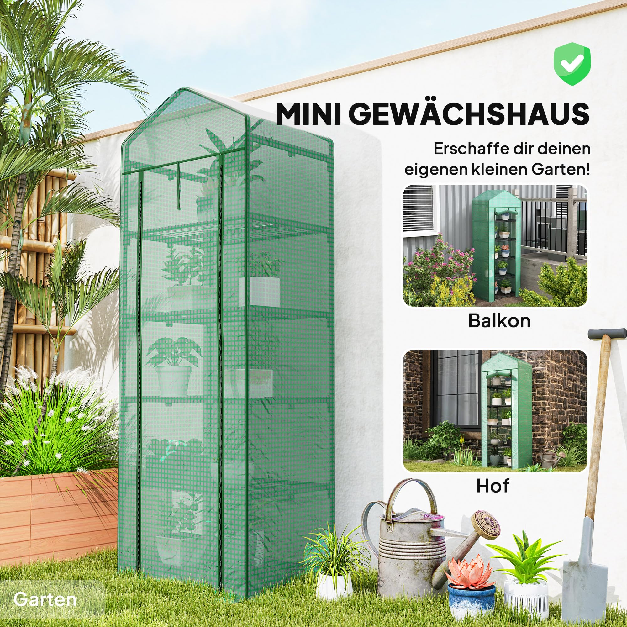 Outsunny Gewächshaus mit Rolltür, Regale, Winterfest Foliengewächshaus aus Stahl, Treibhaus für Balkon, Garten, Tomatenhaus 69 x 49 x 193 cm, Tomatengewächshaus für Tomaten, Blumen, Grün