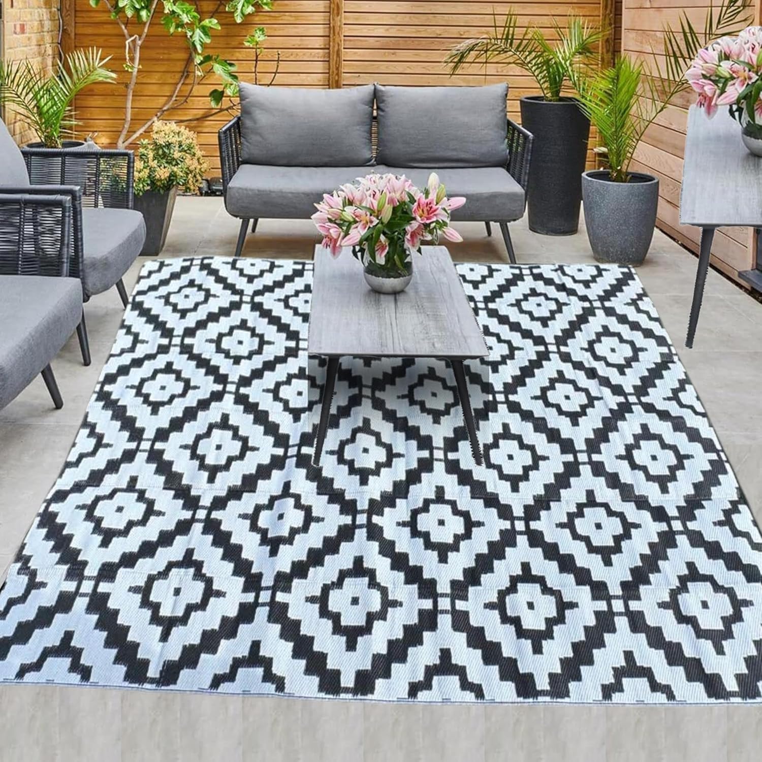 KHAIR Waterproof Outdoor Rug 9×12 Feet, Reversible Plastic Straw Rug for Patio, Garden, Porch, Deck, RV, Camping, Picnic & Backyard – Black & White (9' x 12' (Rectangular))