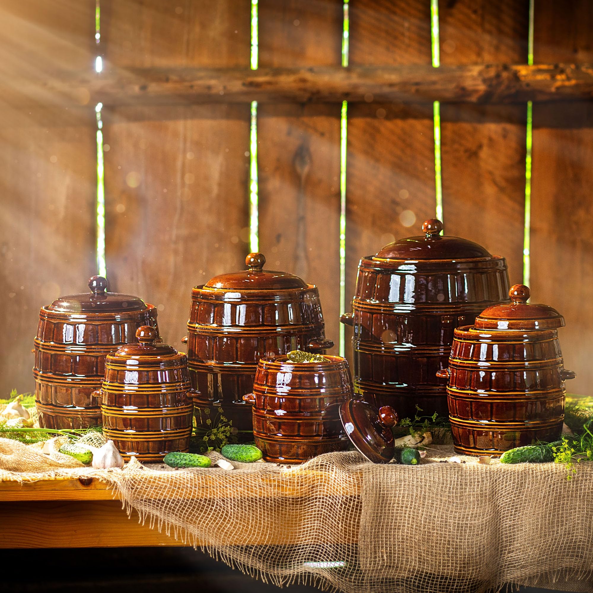 KADAX Casserole de fermentation en grès 8L marron, cuvette d'eau et couvercle pour l'étanchéité, lavable au lave-vaisselle, pour mariner les concombres et le chou