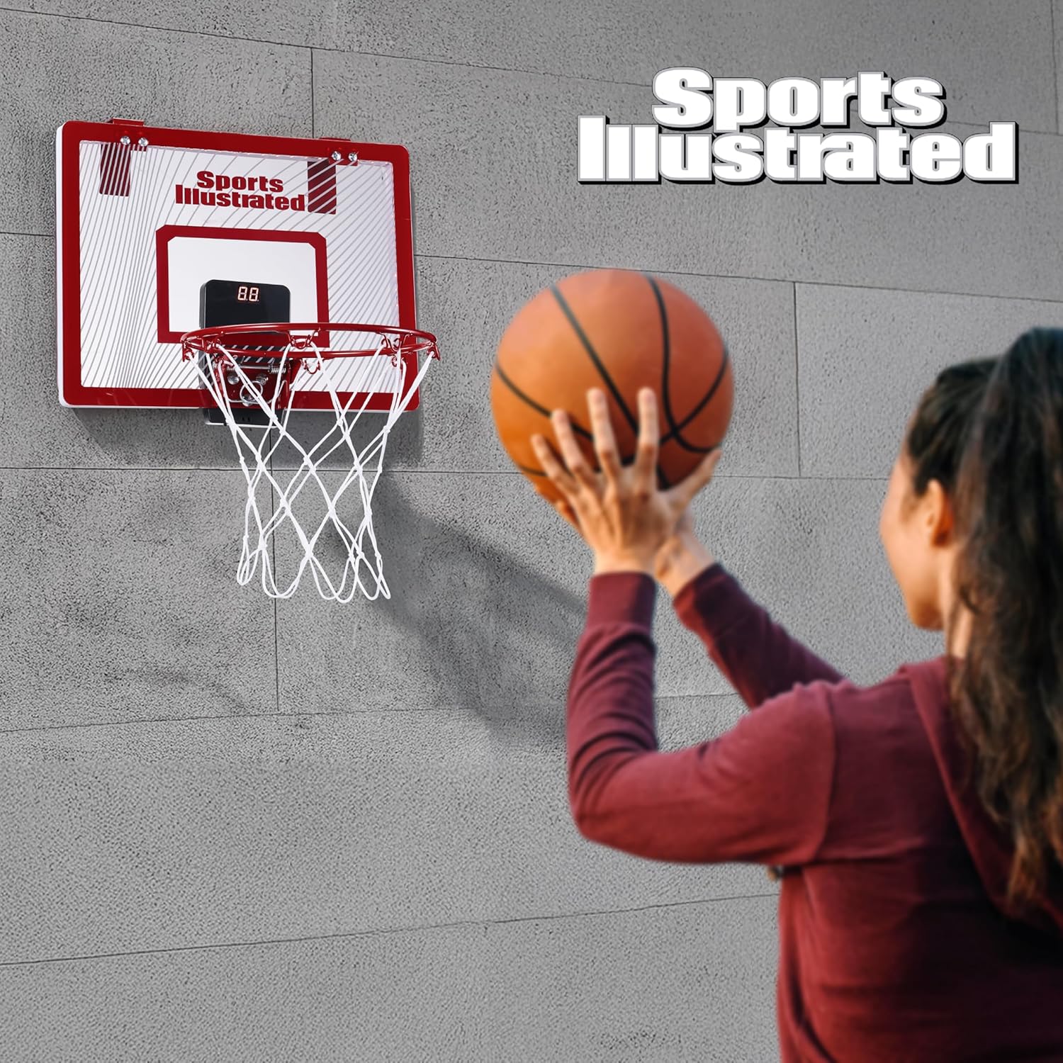 Sports Illustrated - XL Basketball Hoop, Adjustable Height & Automatic Score Counter, Complete Set with Ball and Pump for Indoor and Outdoor Play