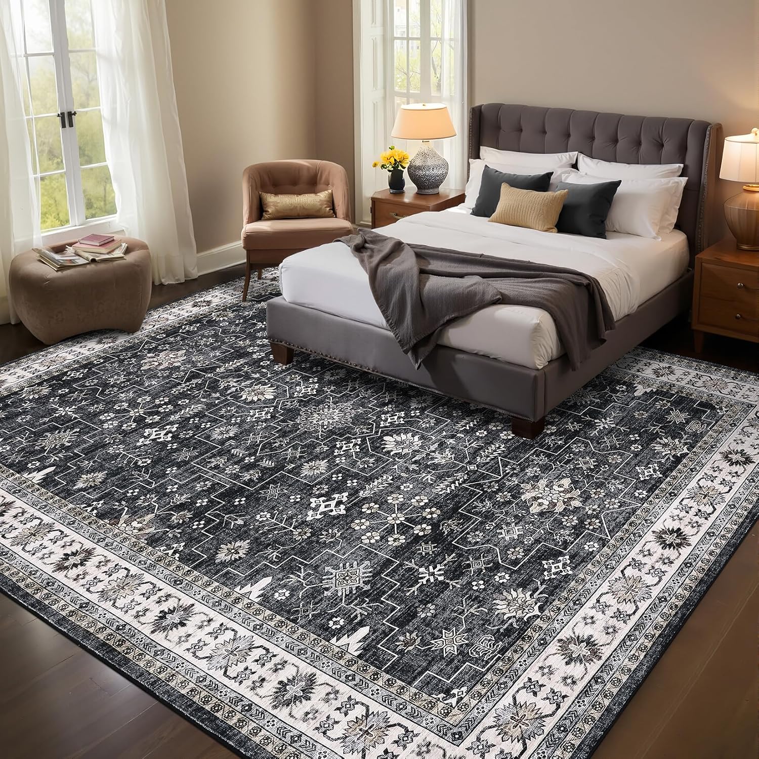 GarveeHome Black Area Rugs 8x10 for Living Room, Vintage Tribal Large Washable Rug Soft Non Slip Backing Floor Mat Carpet Indoor Thin Accent Rug for Bedroom Dining Room Playroom Nursery Home Decor