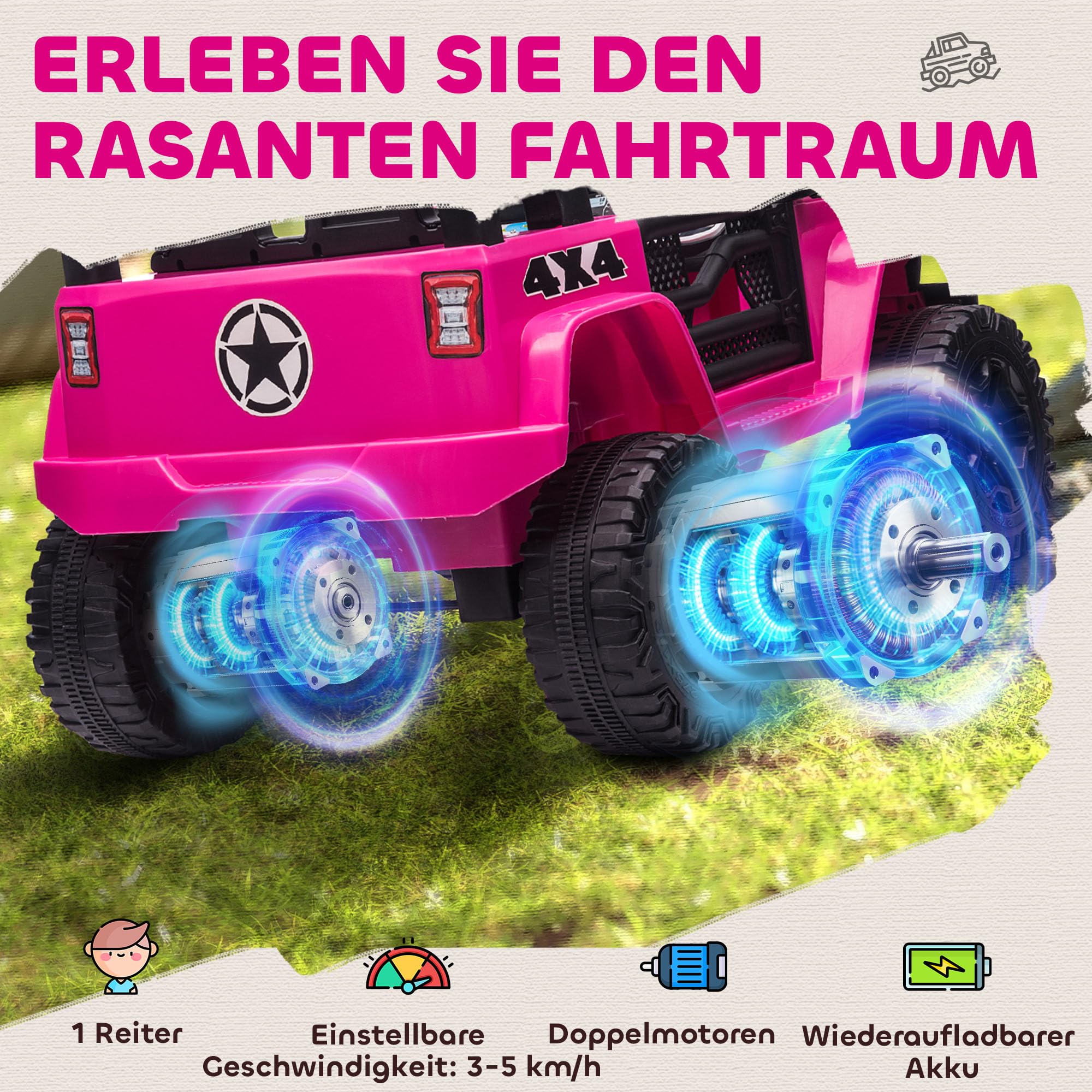 HOMCOM Elektryczne auto dziecięce 12V pilot 2,4G 3-6 lat Różowe | 2x35W silnik, auto elektryczne dla dzieci, LED, klaxon, pas bezpieczeństwa, amortyzatory