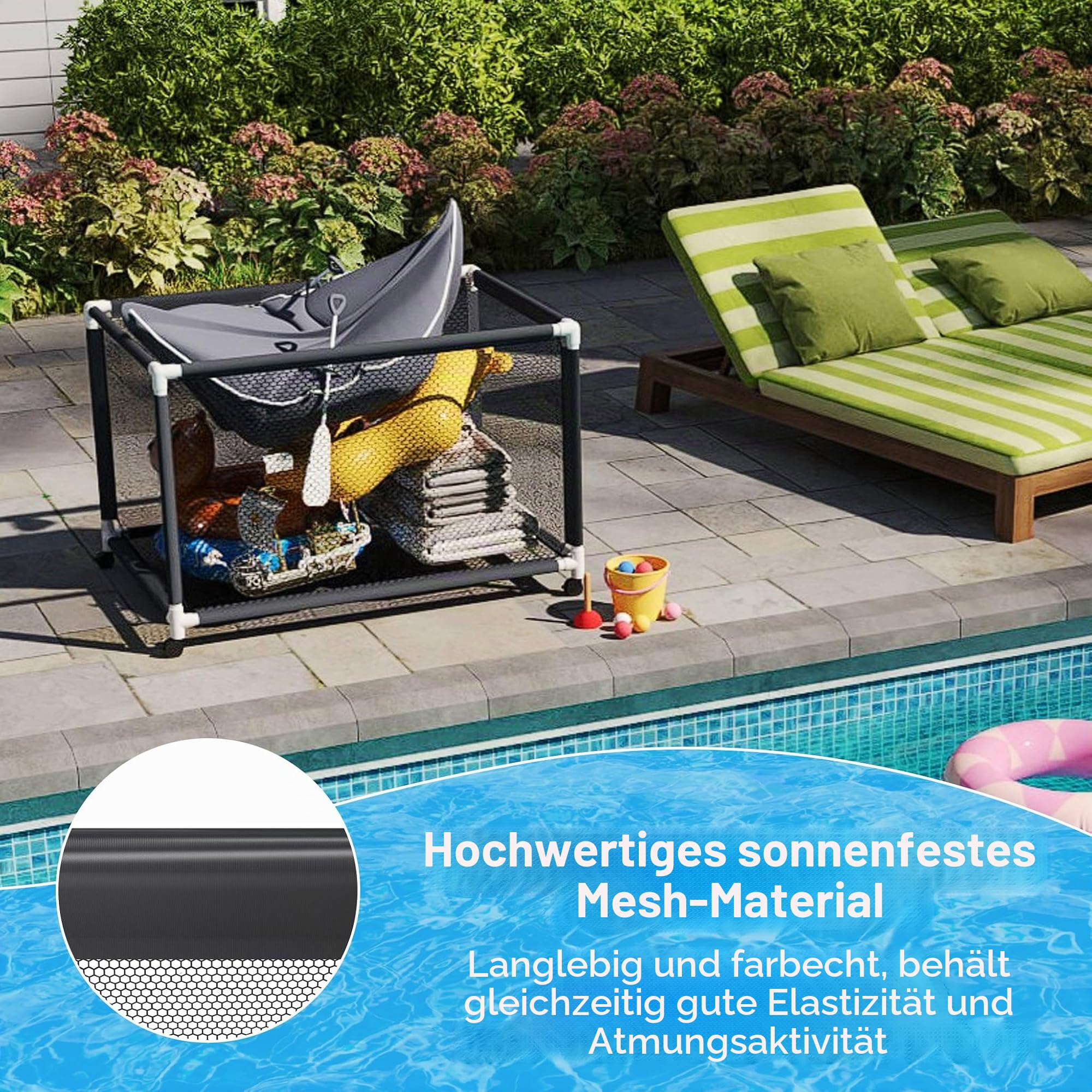 FIVMEN Pool-Aufbewahrungsbehälter mit Rolle Nudelhalter Aufbewahrungswagen mit Nylon-Netz Große Kapazität Organizer für Nudeln Spielzeug Schwimmring Handtücher, 122x78x88 cm