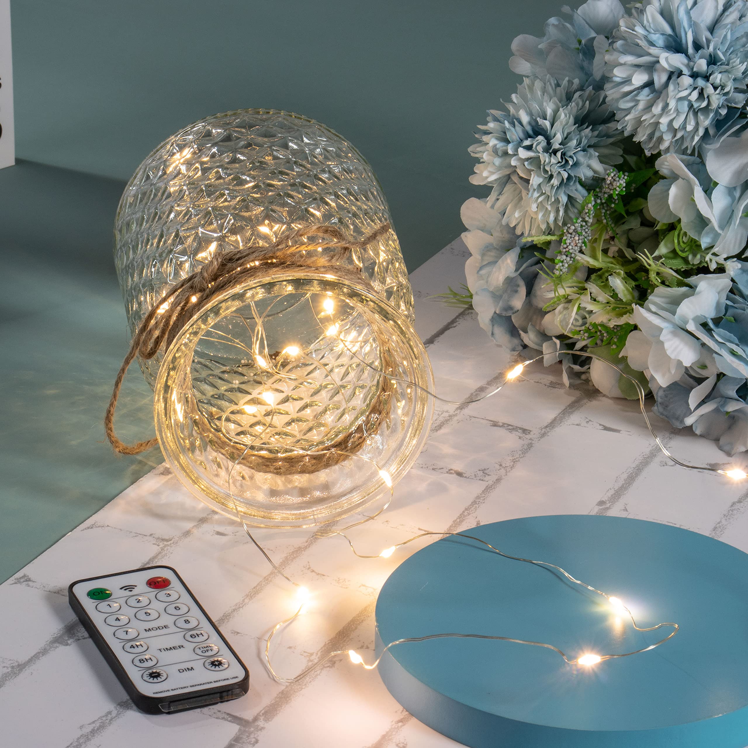 Flores de rosas azules artificiales LED con jarrón de cristal, luz LED con control remoto, arreglo floral para centro de mesa, decoración de boda en casa y oficina 7