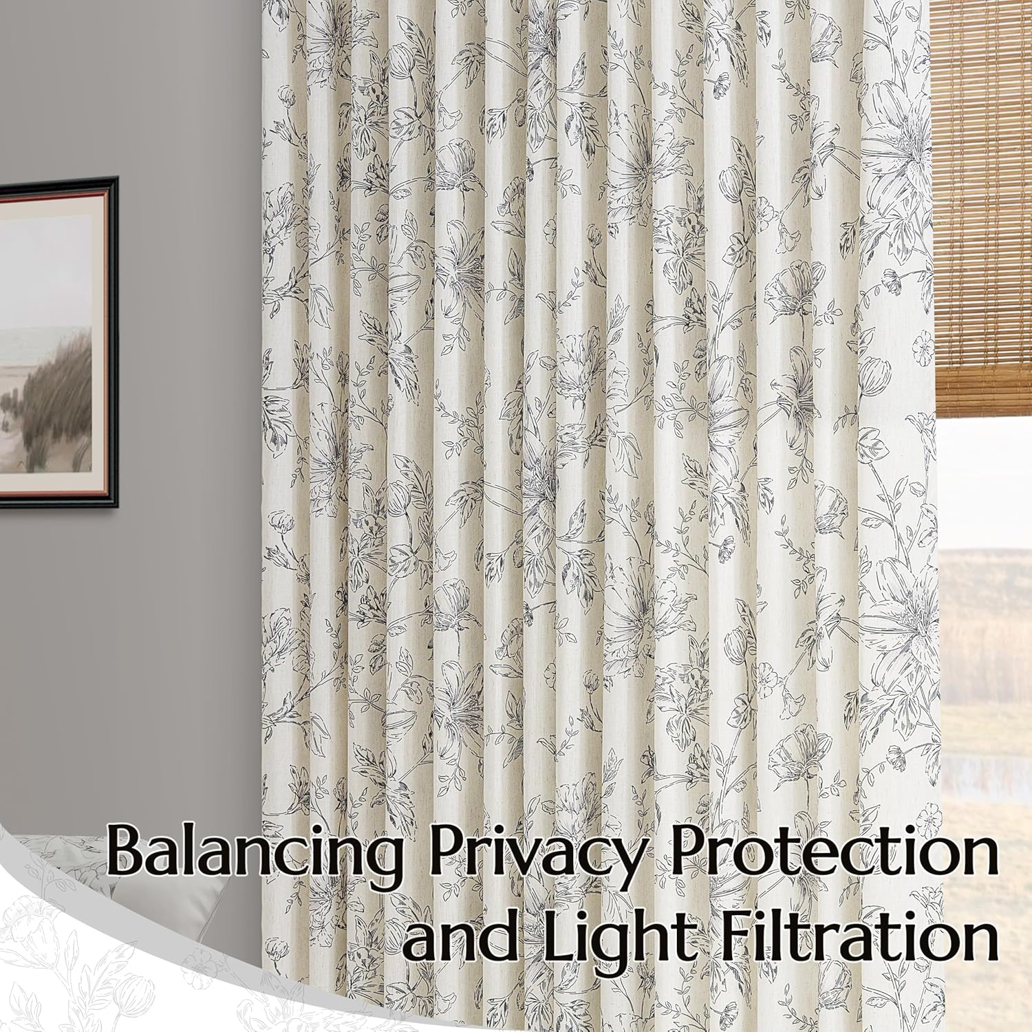 120 Inch Black Pinch Pleated Floral Linen Curtains for Living Room Peony Flower Printed Patterned Curtain Farmhouse Vintage Country Light Filtering Extra Long Pinch Pleat Drapes for Bedroom Dining